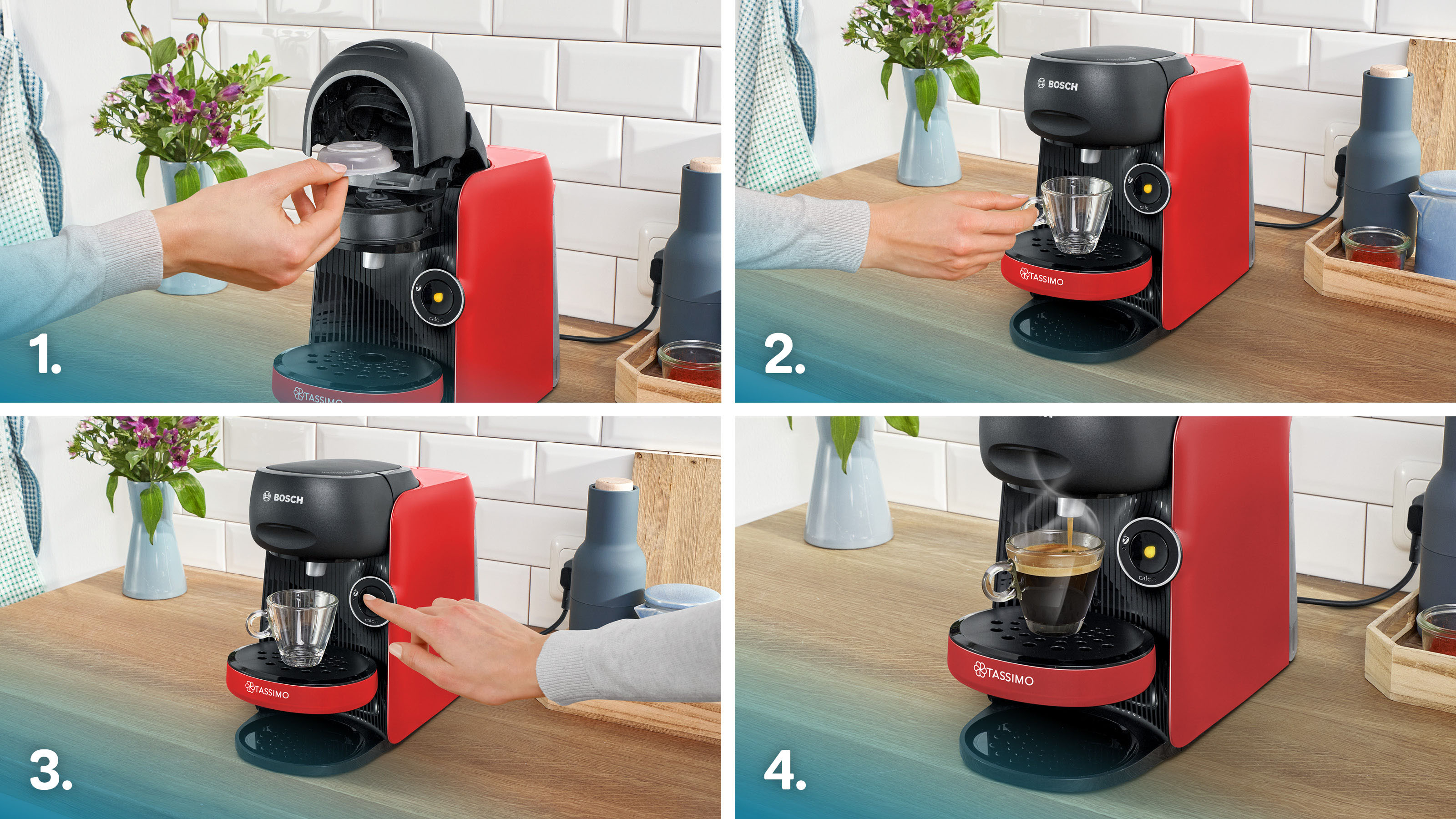 Eine Reihe von Bildern, die eine rote Kaffeemaschine in Betrieb zeigen, Kaffee zubereiten und eine Kapsel hinzufügen.