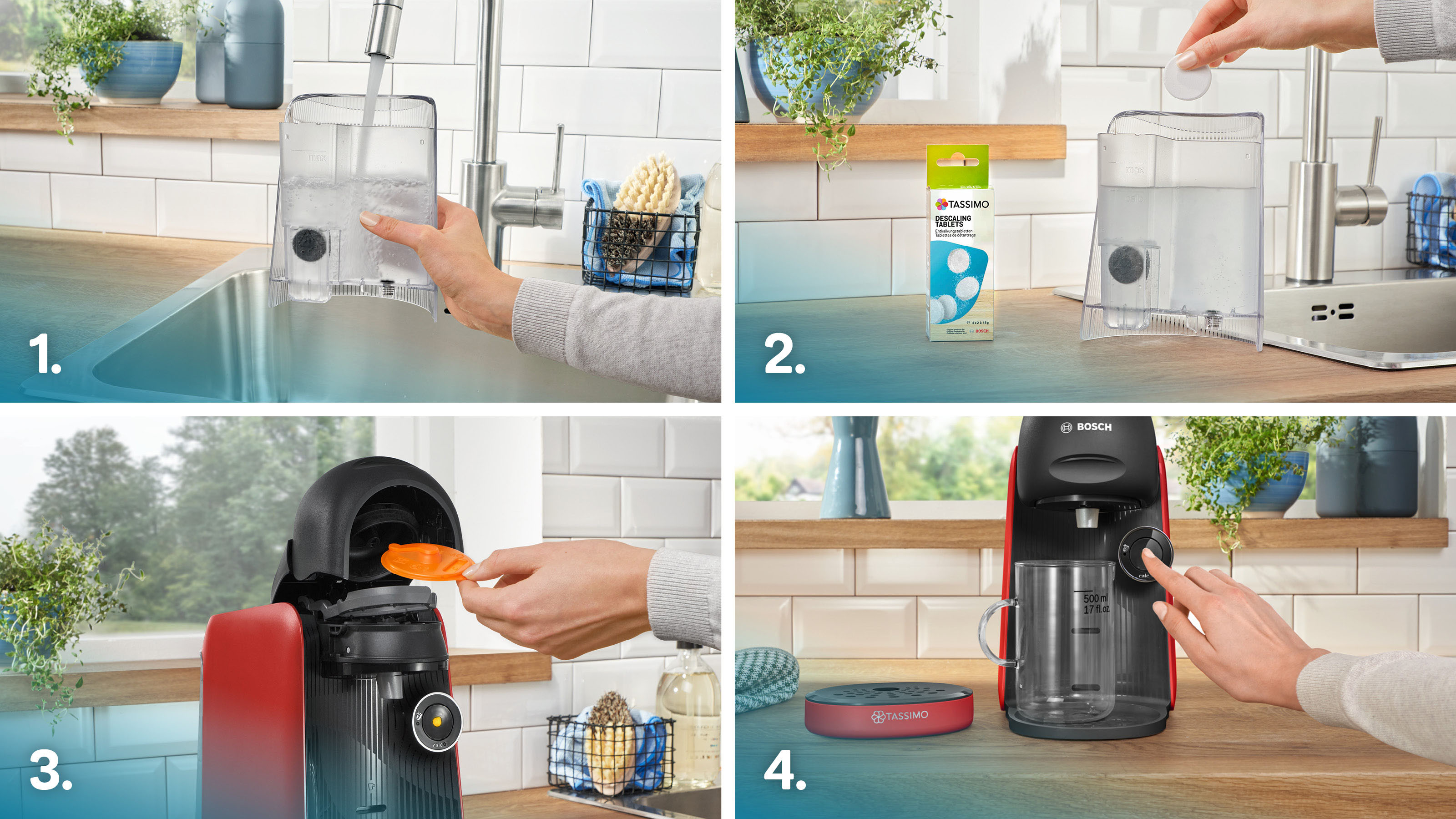 Vier Bildfolge der Tassimo-Kaffeemaschine: Befüllen, Filter hinzufügen, Kapsel einlegen und Kaffee zubereiten.
