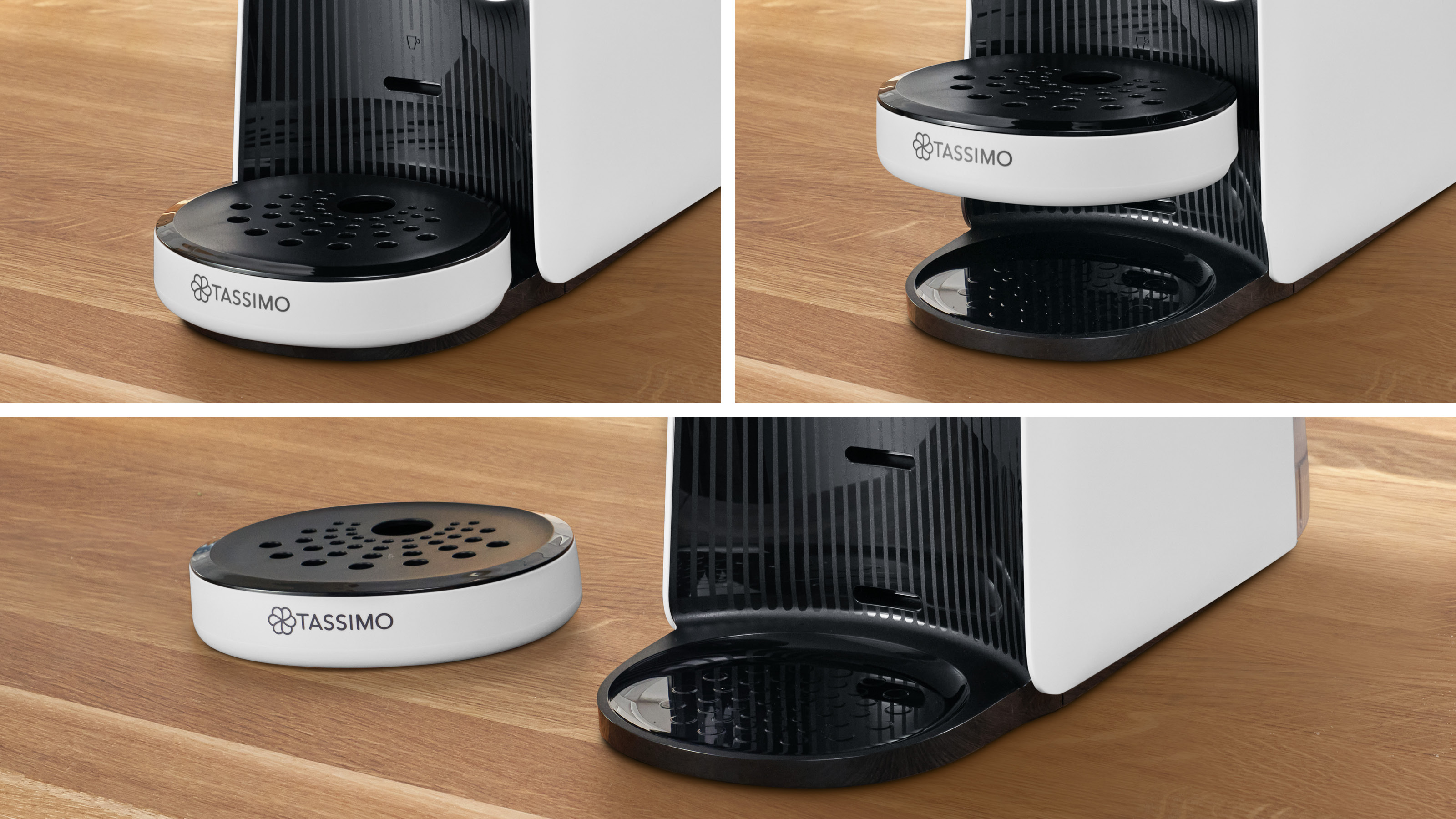 Nahaufnahmen des Kapselhalters und der Tropfschale einer Tassimo-Kaffeemaschine.