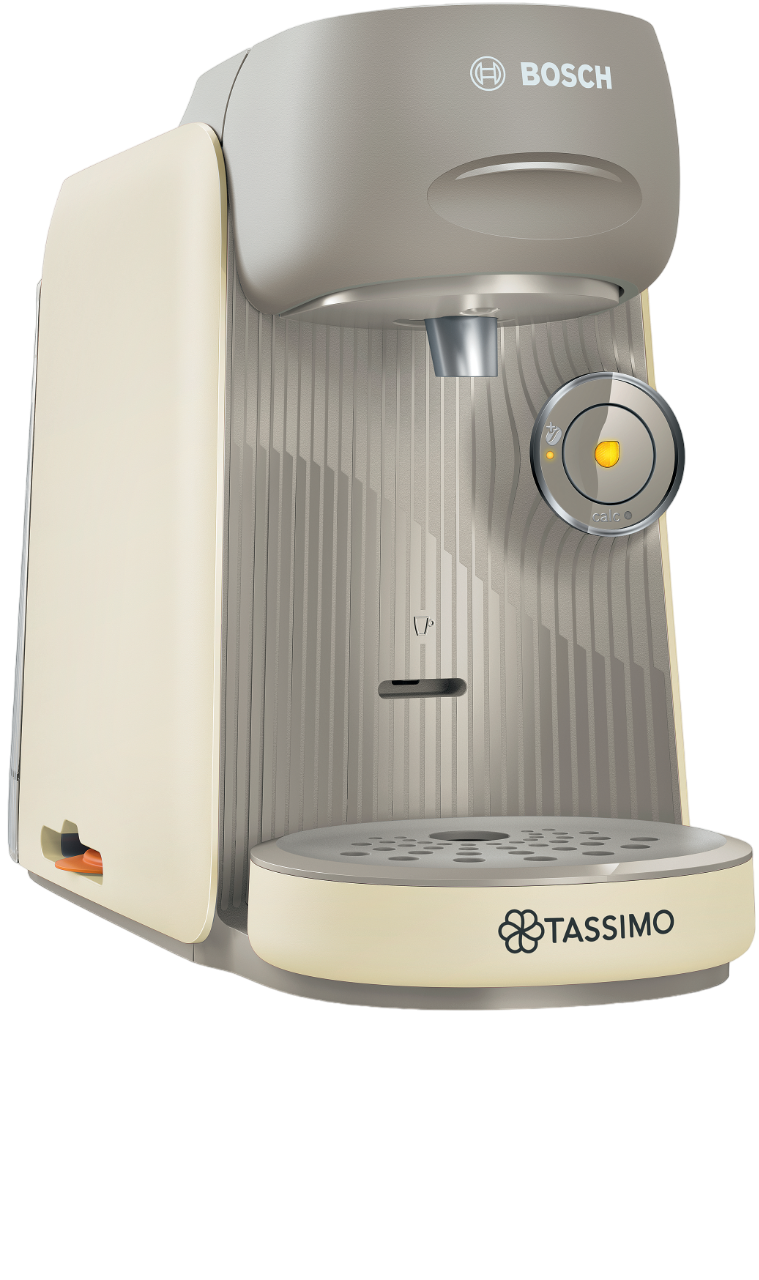 Tassimo Kaffeemaschine, beige und grau, mit einer Tasse-Symbol.
