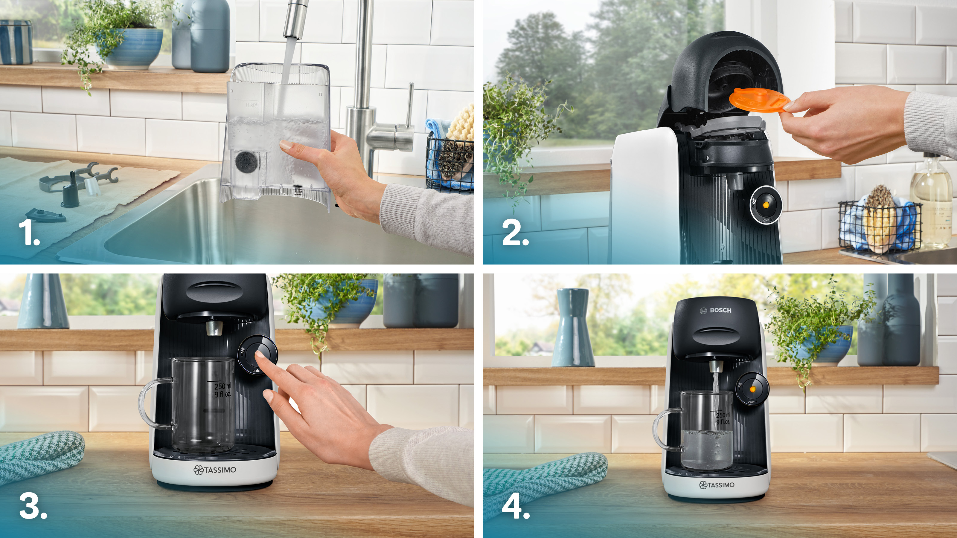 Vierteiliges Bild, das die Verwendung einer Kaffeemaschine zum Brühen von Kaffee zeigt.