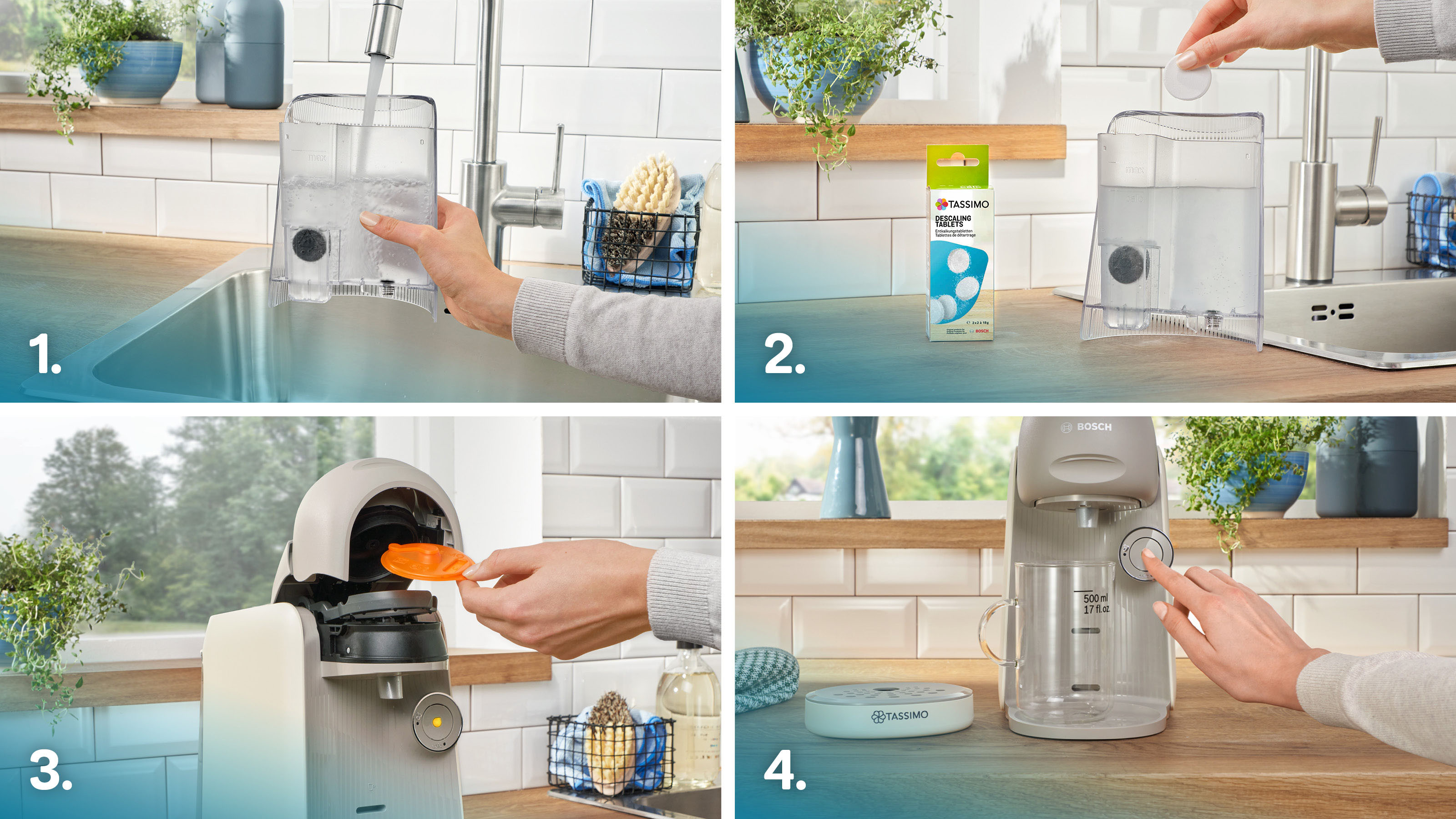 Schritte zur Verwendung einer Kaffeemaschine: Befüllen, Filter einlegen, Kapsel einlegen, brühen.