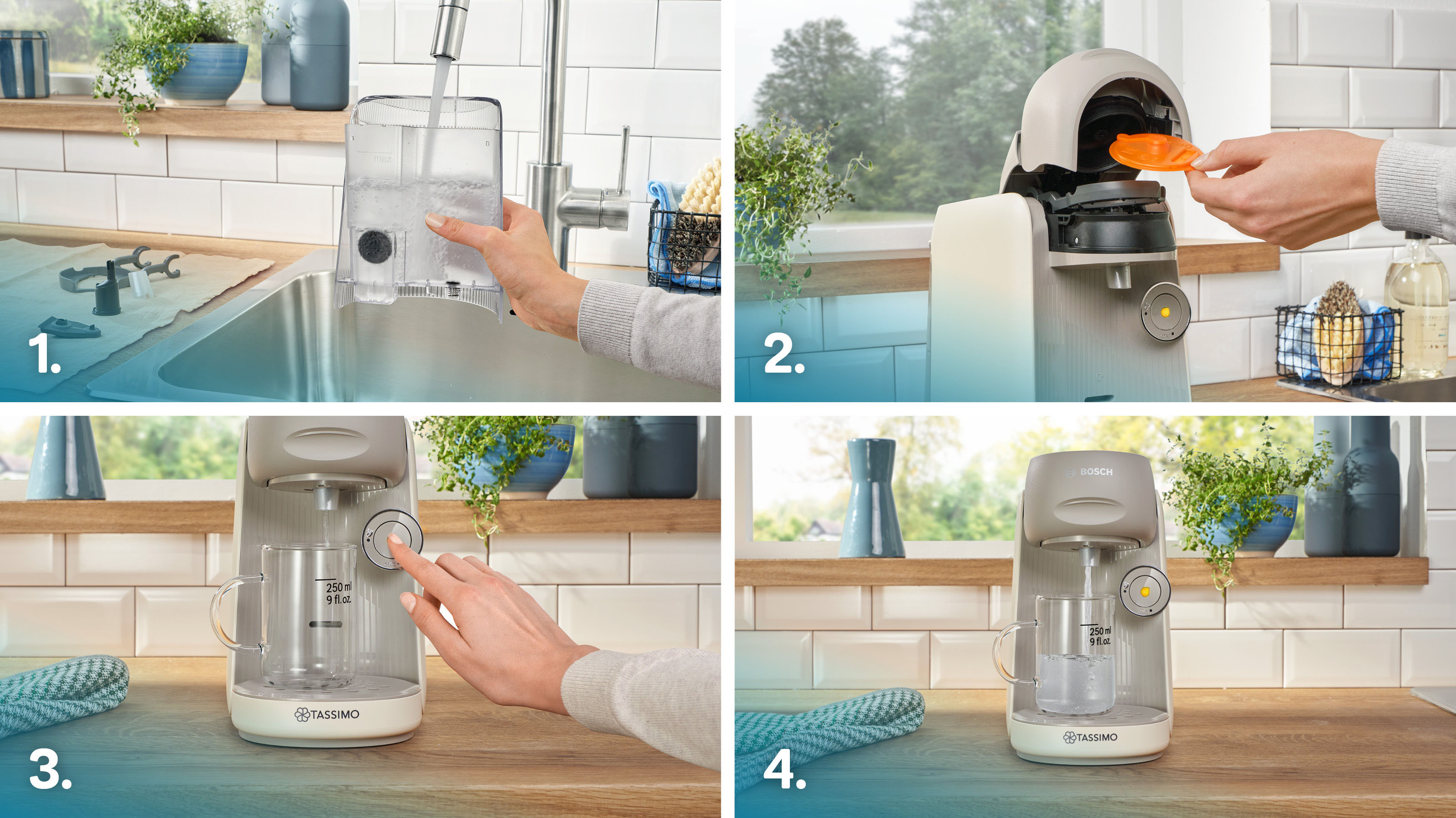 Vier Bilder, die Schritte der Kaffeemaschinenbedienung zeigen.