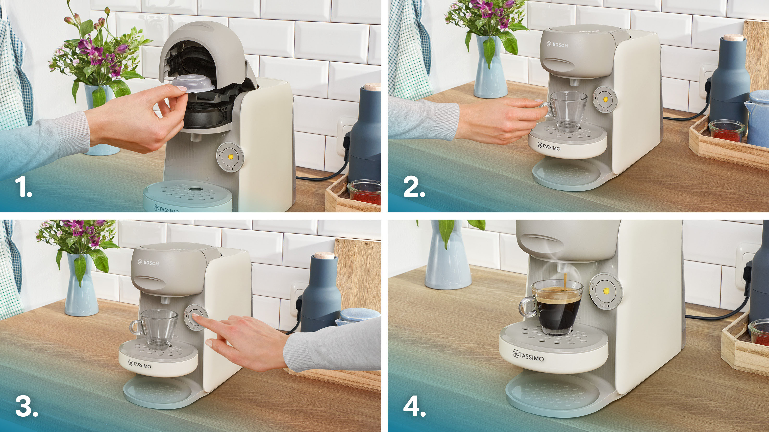 Vier Bilder zeigen die Schritte, wie eine Tassimo-Kaffeemaschine Kaffee zubereitet.