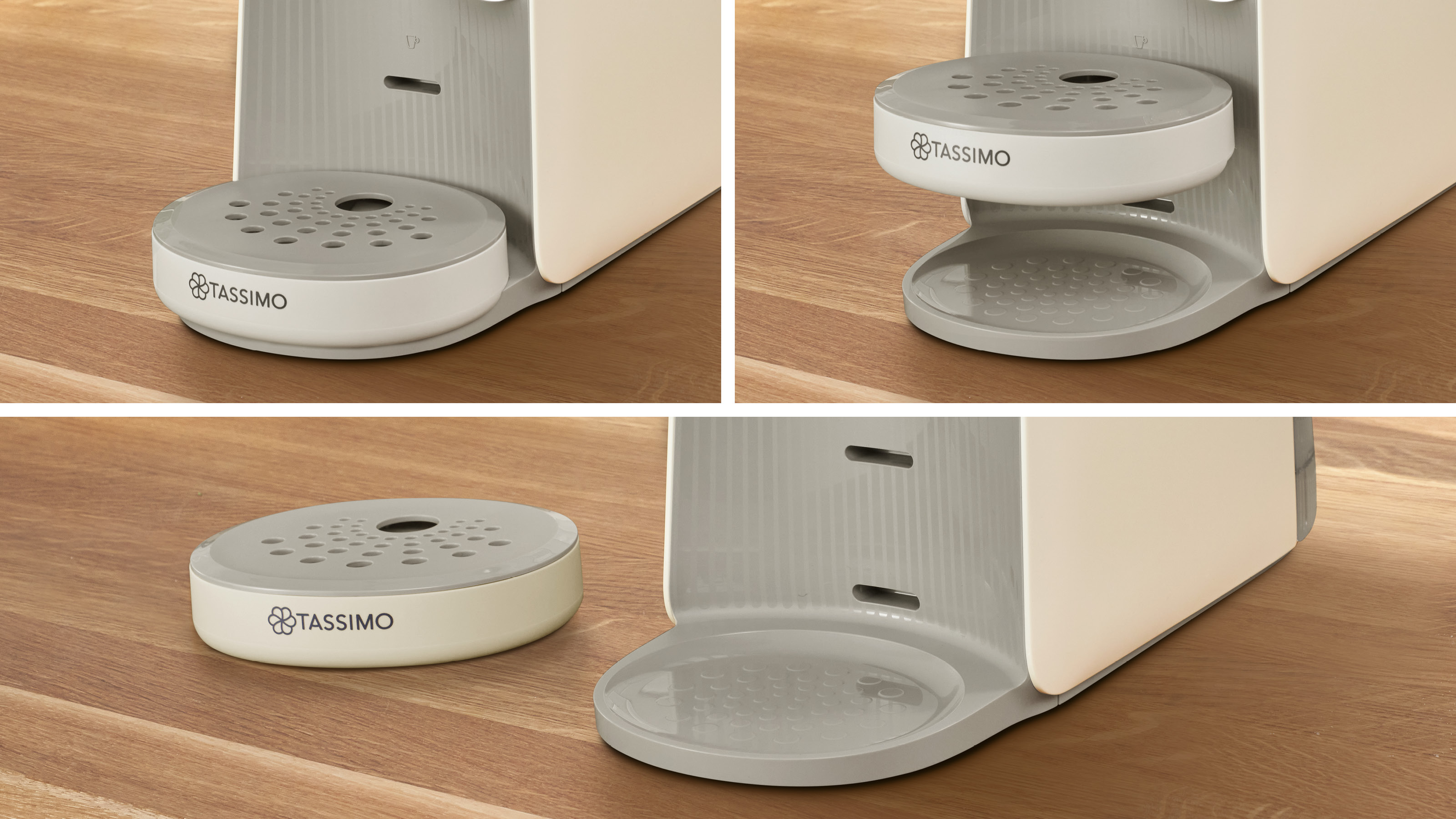 Eine TASSIMO Kaffeemaschine mit zusammengebauten und zerlegten Teilen.