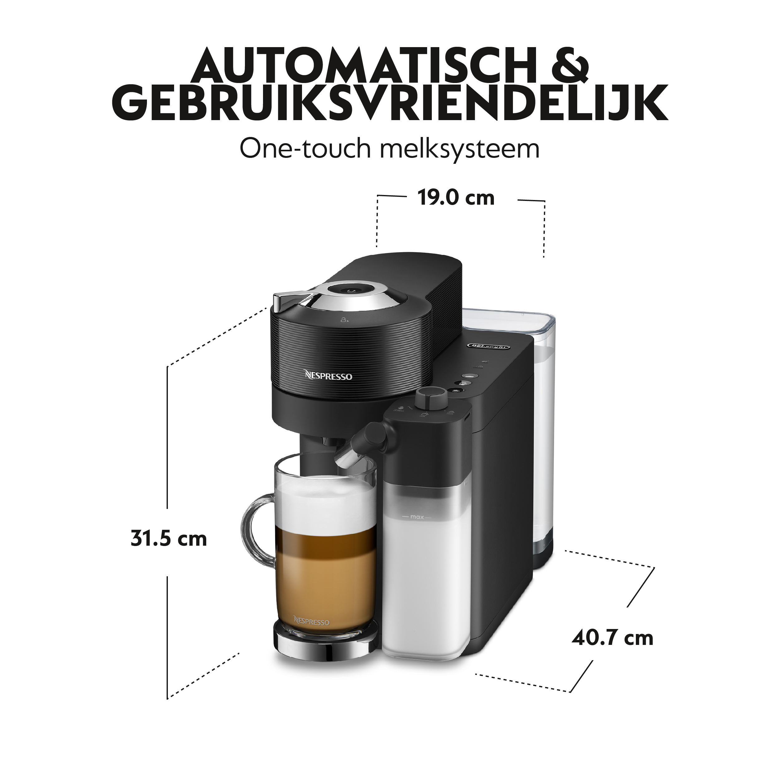 Coffee machine with milk container, showing dimensions and a latte in a glass.
