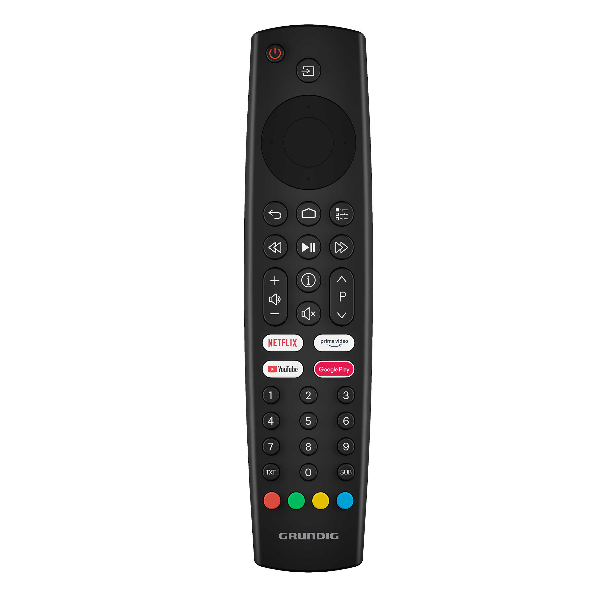 Schwarze Grundig TV-Fernbedienung mit verschiedenen Tasten, einschließlich Streaming-Dienst-Tasten.