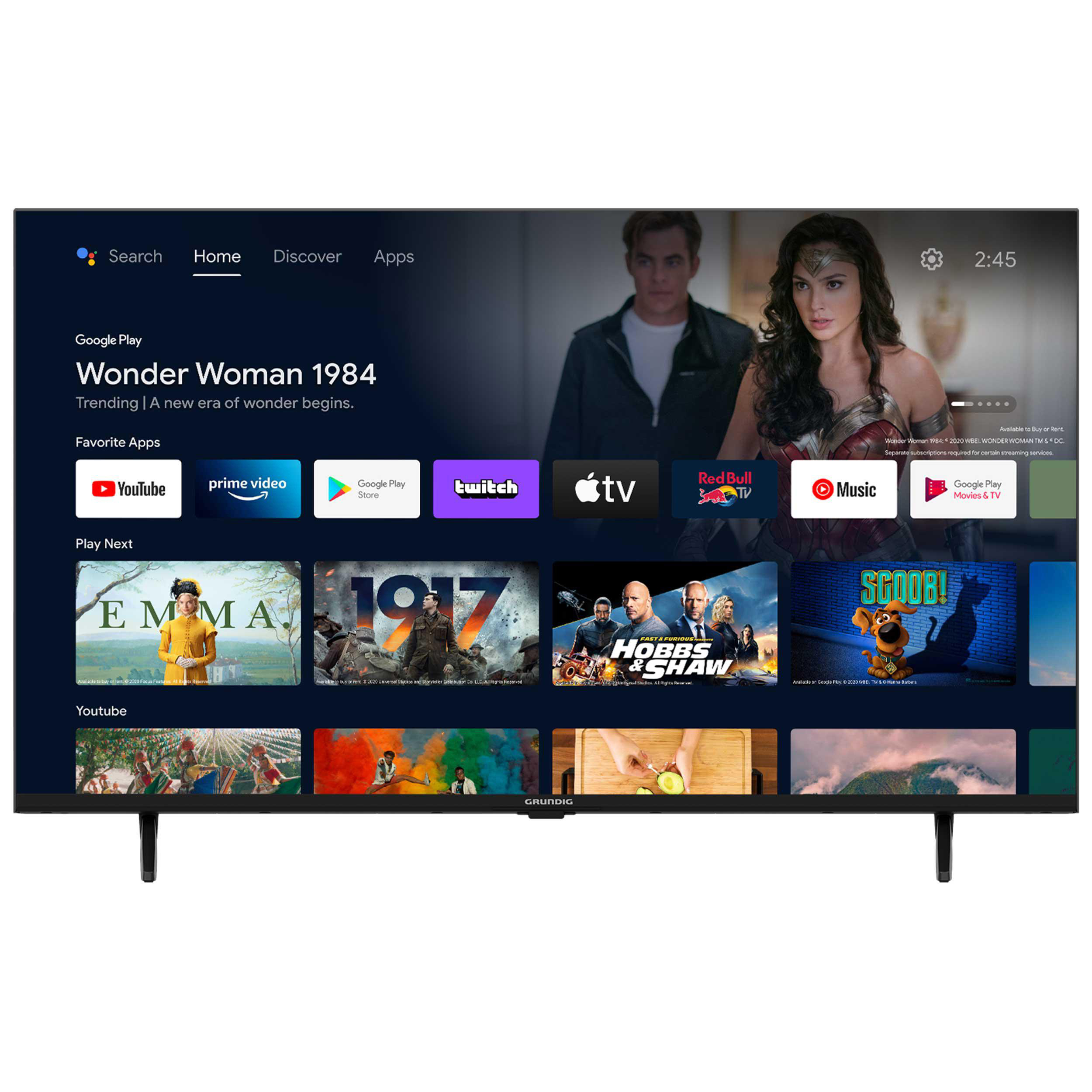 Ein Fernsehbildschirm, der den Film Wonder Woman 1984 und Streaming-App-Symbole zeigt.