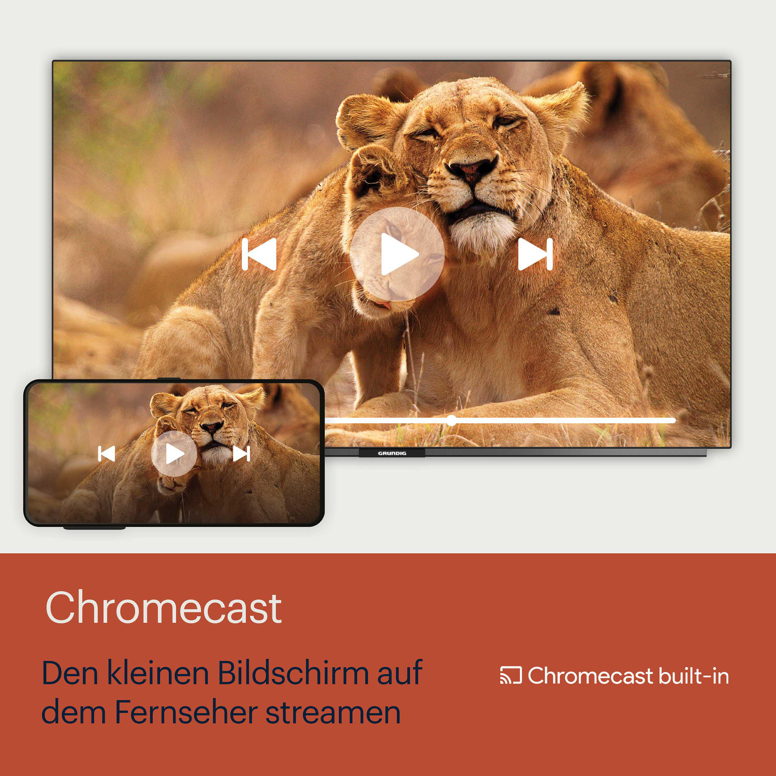 Ein Fernseher zeigt ein Video auf dem Bildschirm und ein Telefon spiegelt das Video. Text zeigt Chromecast.