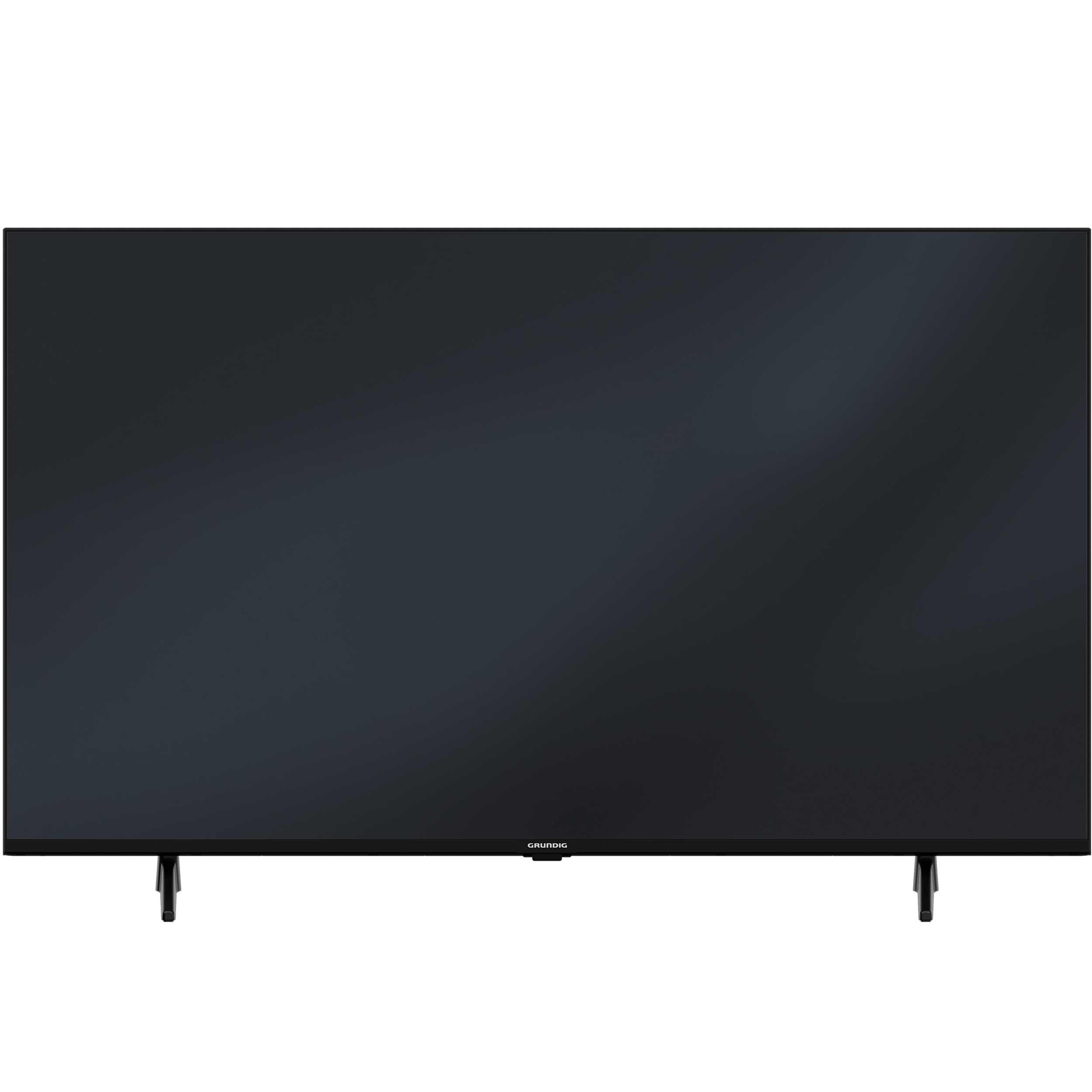 Schwarzer Flachbildfernseher auf schwarzen Ständern. Die Marke Grundig ist unten sichtbar.