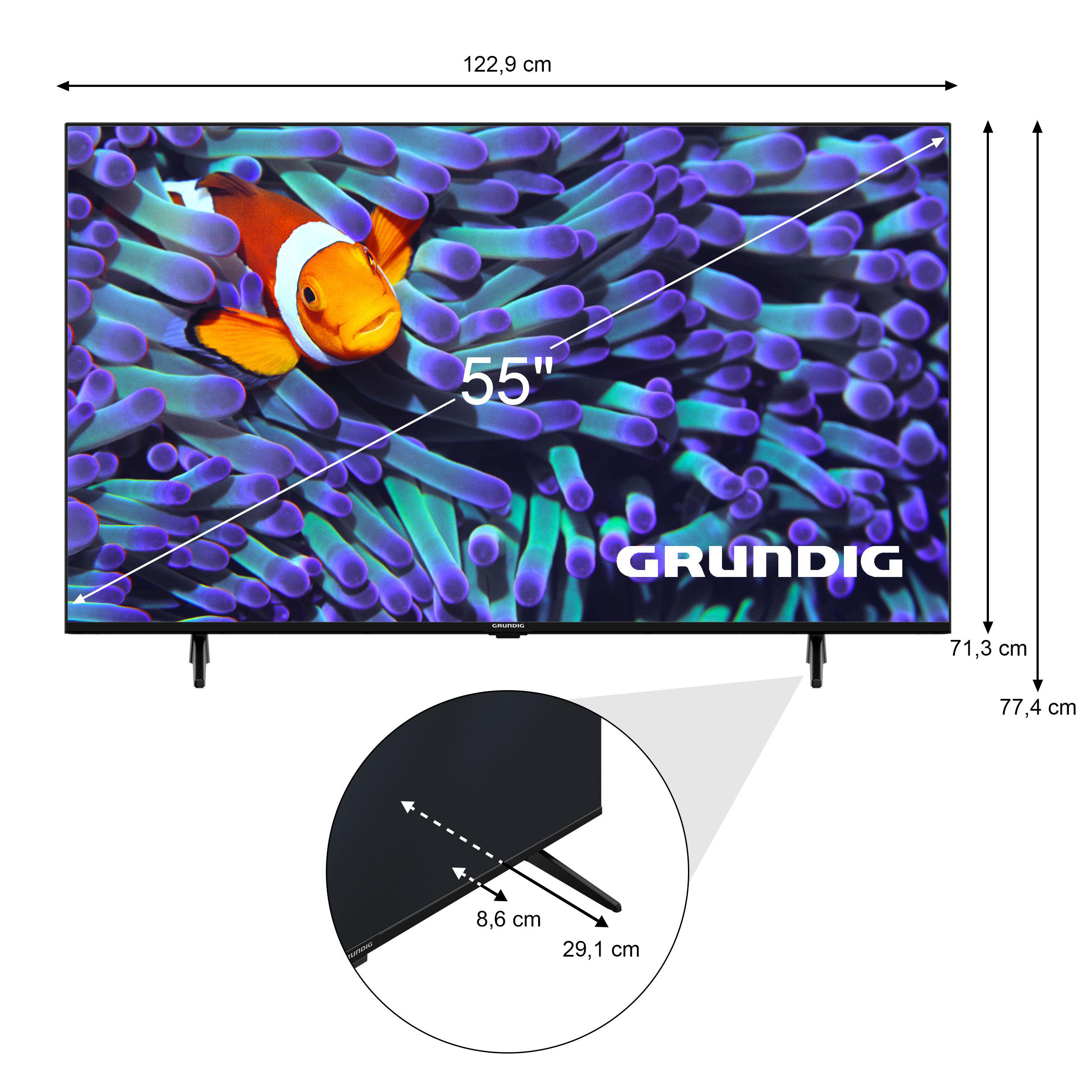 Ein 55" Grundig TV. Es zeigt einen Fisch im Ozean. Es hat schwarze Beine.