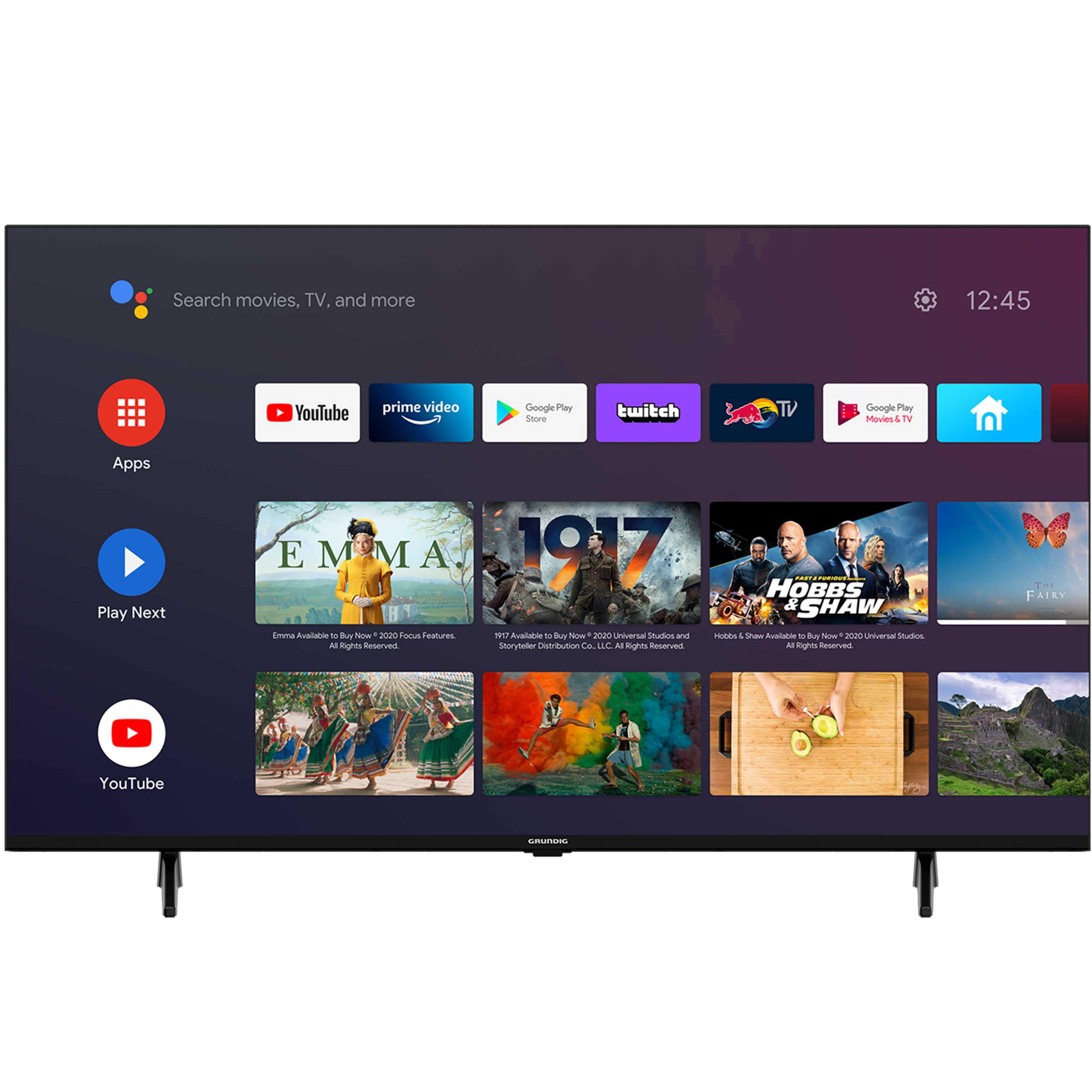 Großer Fernseher mit App-Symbolen und Filmauswahl. Der Bildschirm zeigt YouTube, Prime Video und andere Streaming-Dienste.