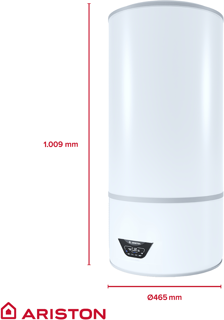 Fehér vízmelegítő méretekkel: 1,009 mm magas, 465 mm átmérőjű, Ariston logó.