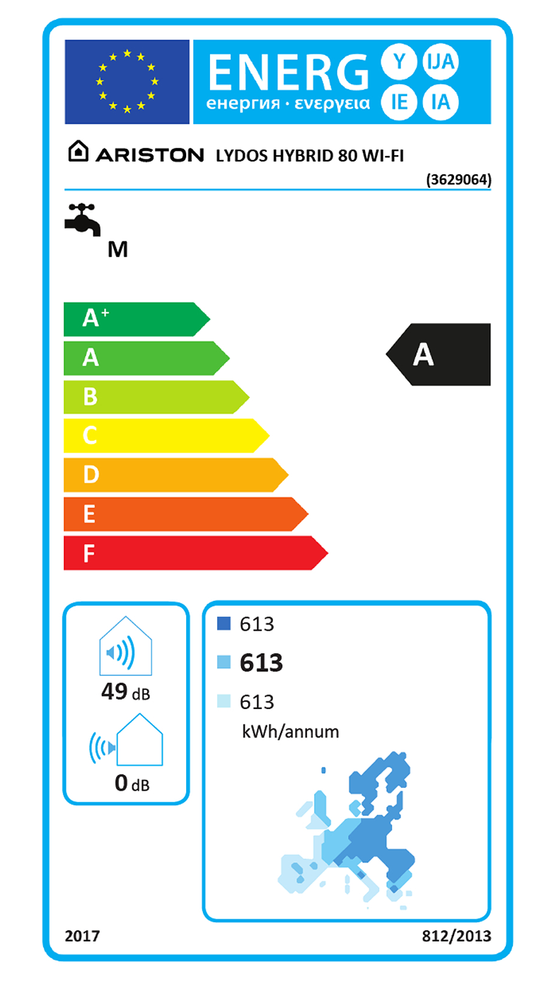 Egy vízmelegítő energia címkéje, amely energiahatékonysági információkat és zajt jelenít meg.