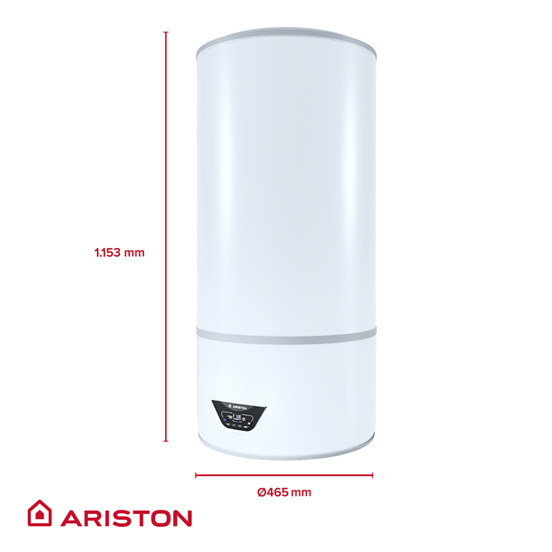Fehér, hengeres vízmelegítő, méretekkel. Ariston logó alul.
