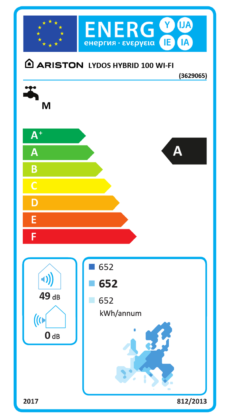 Fehér energia címke az Ariston logóval és szöveggel. Információ az energiahatékonyságról.