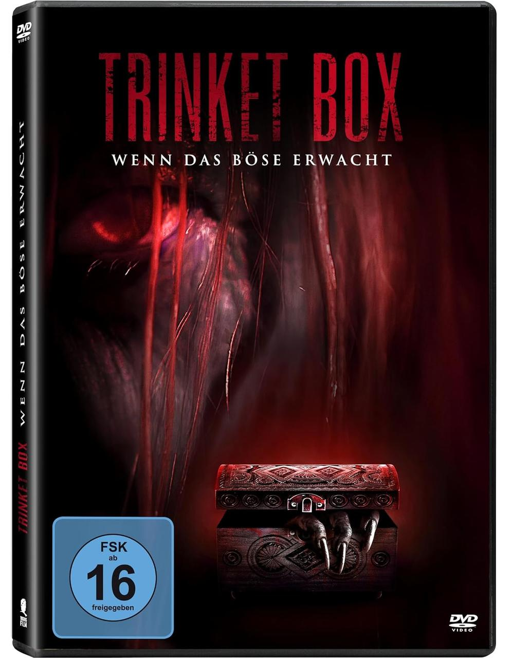 DVD-Hülle mit einem Horrorfilm-Cover mit einem gruseligen Gesicht und einer Holzkiste.
