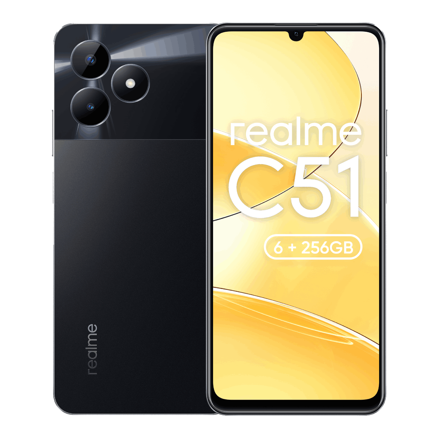 Teléfono Realme C51 negro con configuración de doble cámara, mostrando la pantalla con texto y fondo degradado amarillo.