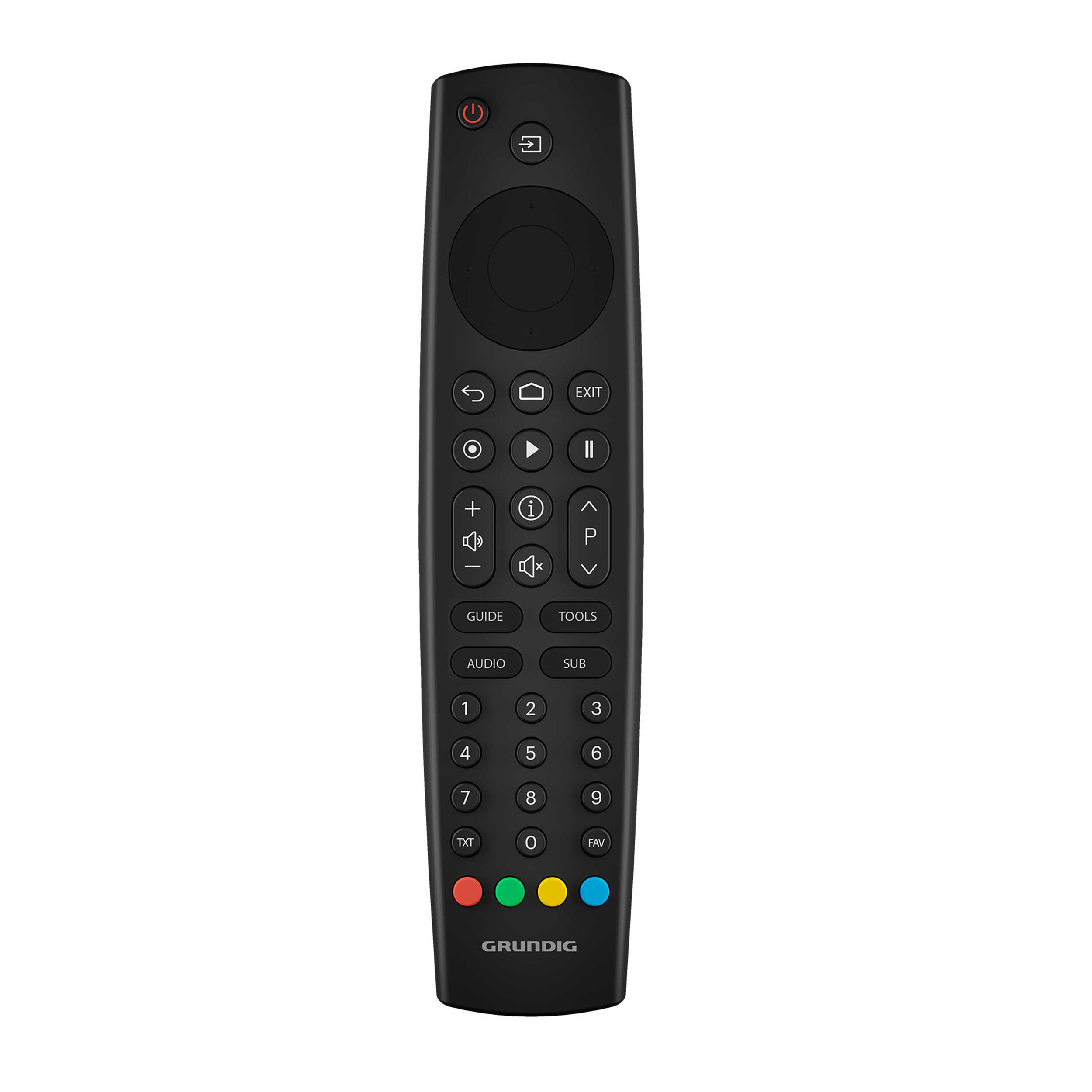 Eine Grundig Fernbedienung mit mehreren Tasten und einem schwarzen Gehäuse.