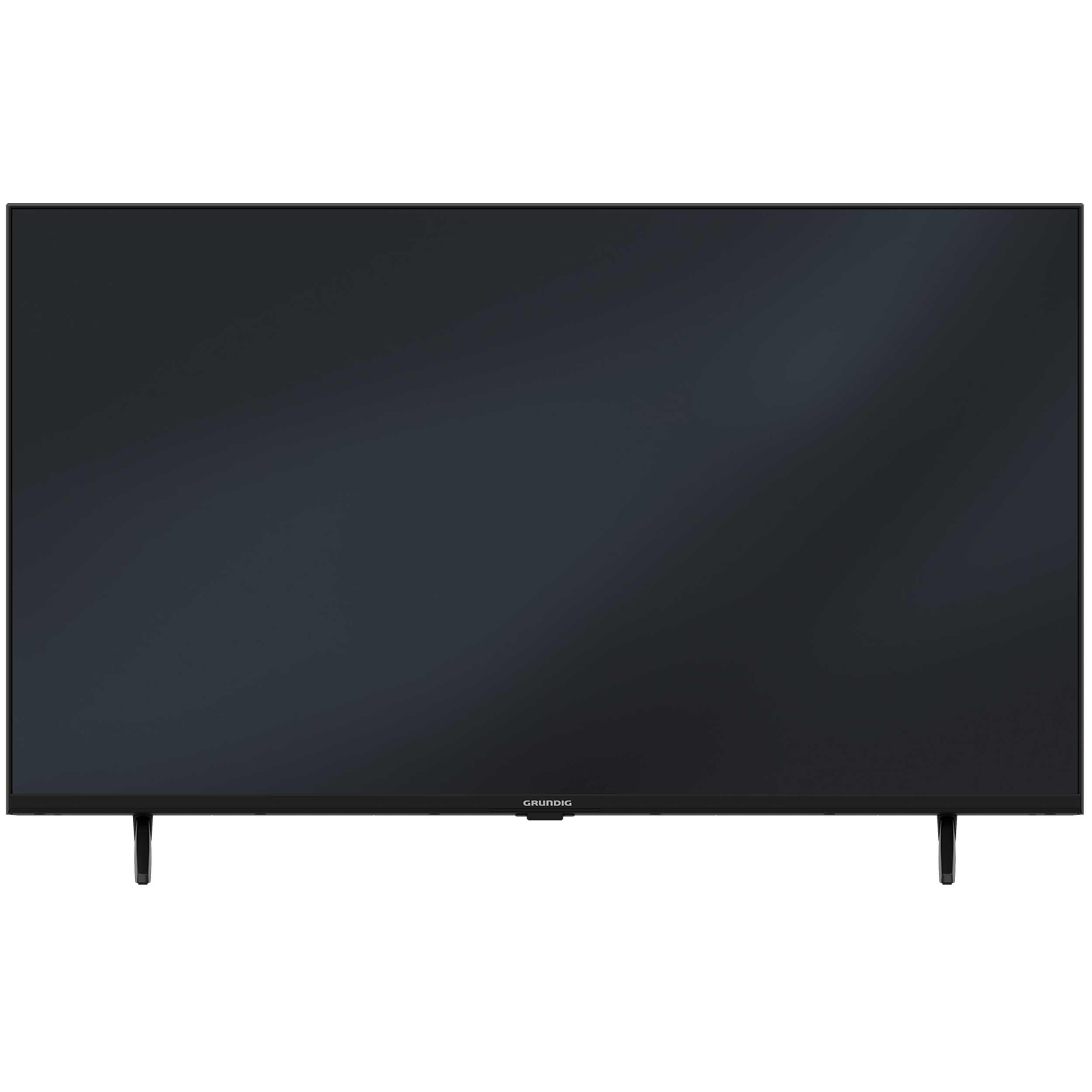 Ein schwarzer Fernseher mit einem dünnen Rahmen und zwei kleinen Ständern.