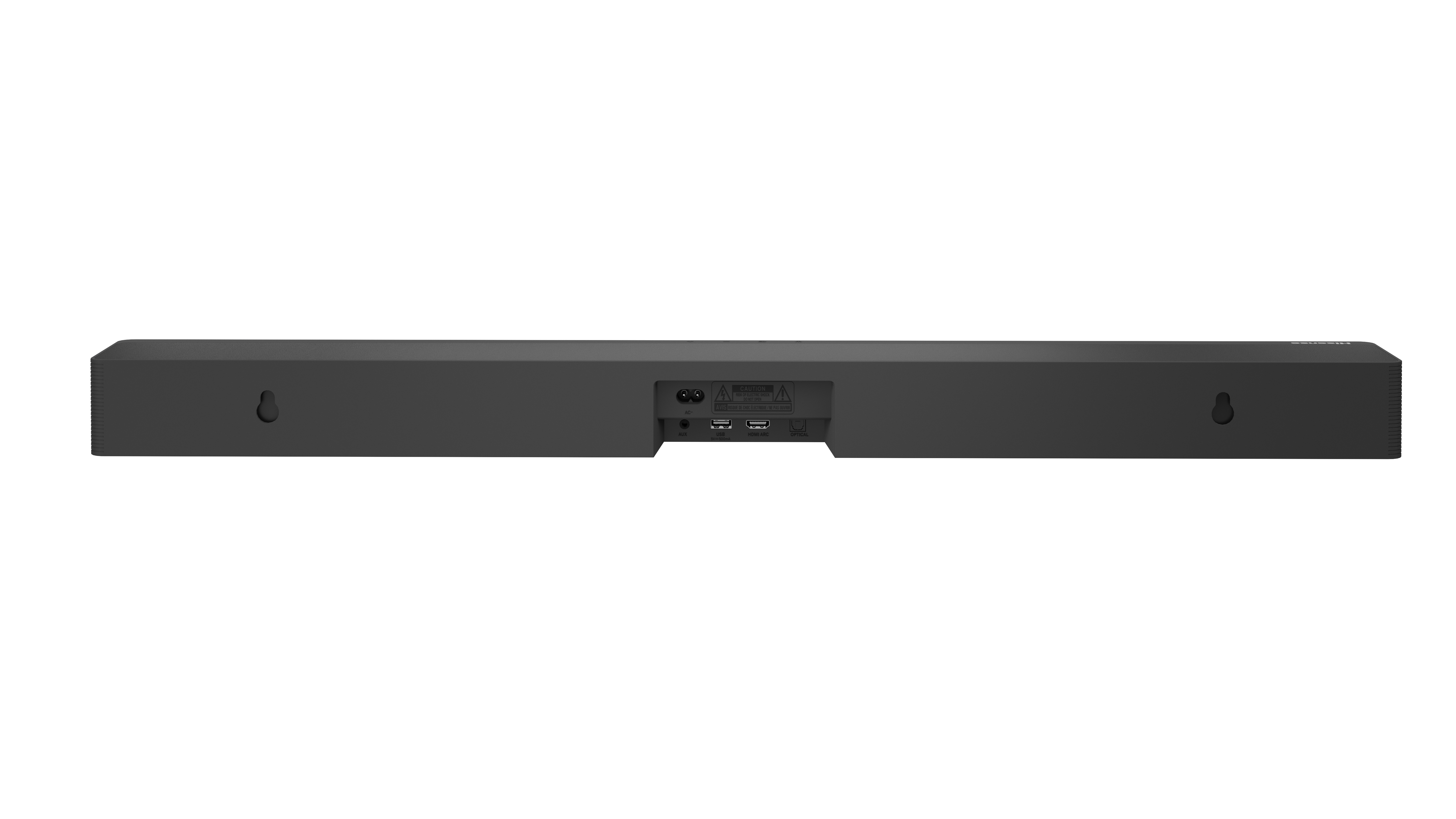 Schwarze Soundbar mit Anschlüssen auf der Rückseite, einschließlich Strom, USB und AUX.