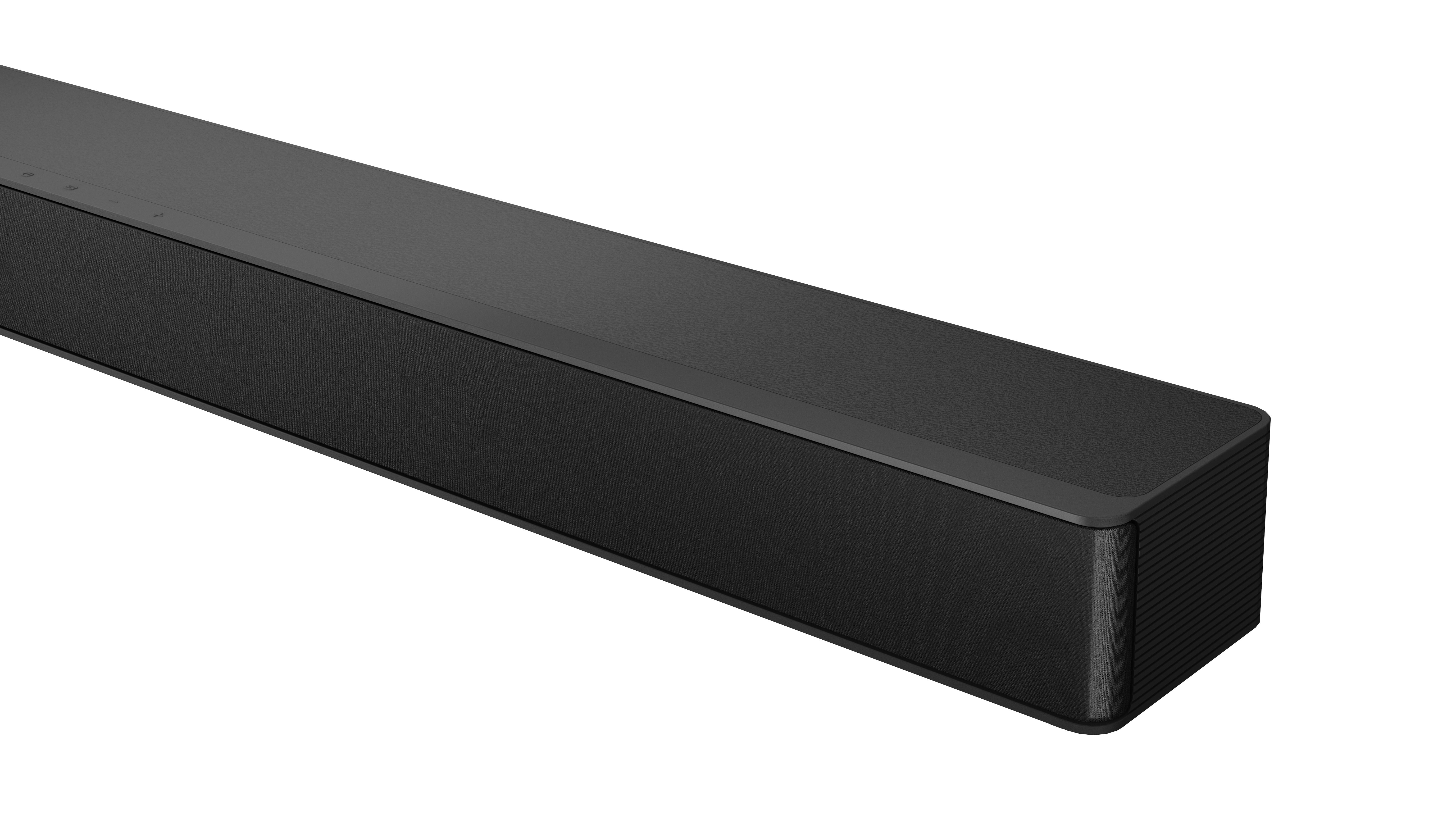 Schwarze Soundbar mit Mesh-Front, schräge Ansicht, weißer Hintergrund.