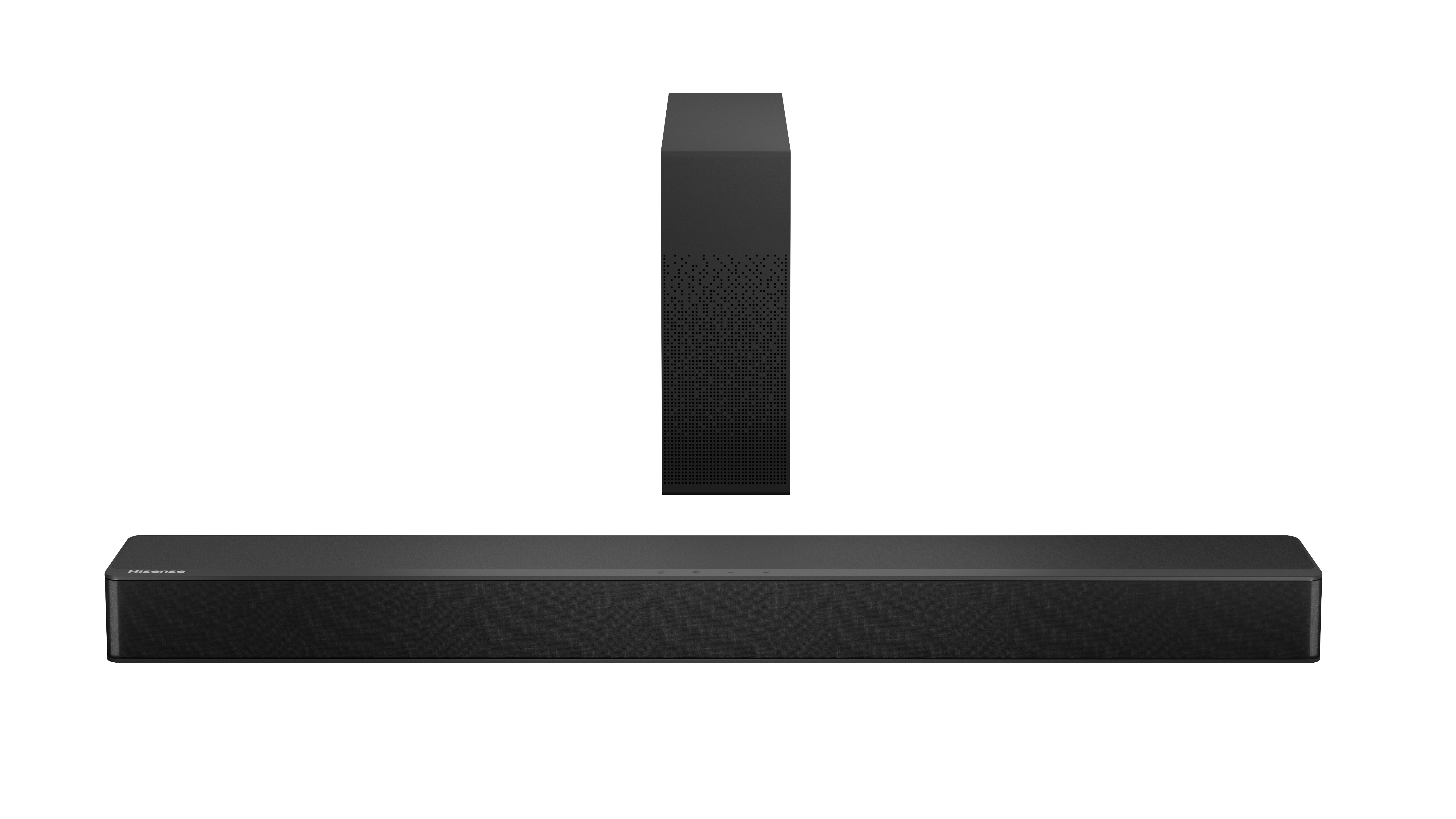 Schwarze Soundbar mit separatem Subwoofer, beide auf weißem Hintergrund.