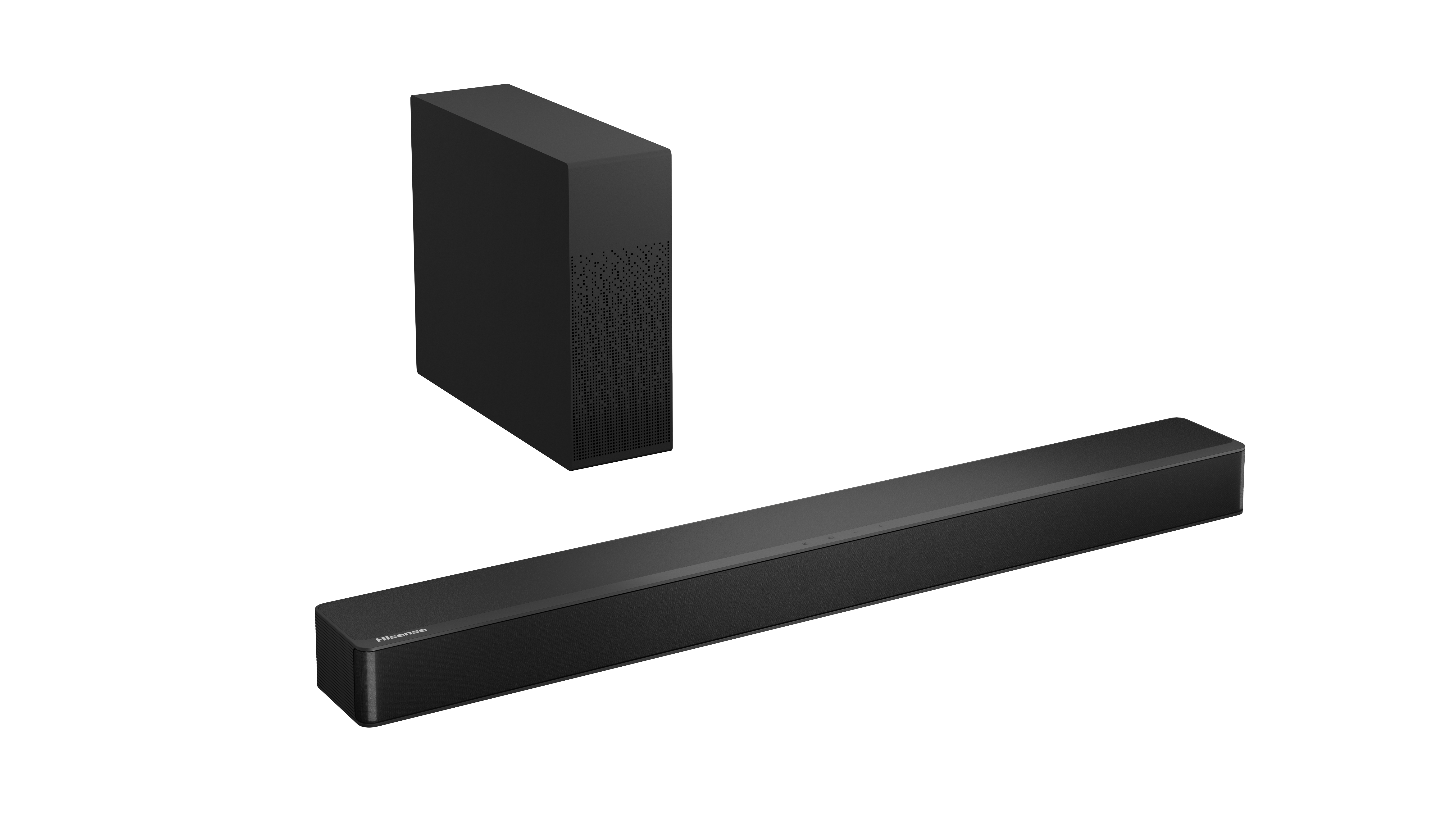 Eine schwarze Hisense Soundbar und ein Subwoofer werden auf einer weißen Oberfläche gezeigt.