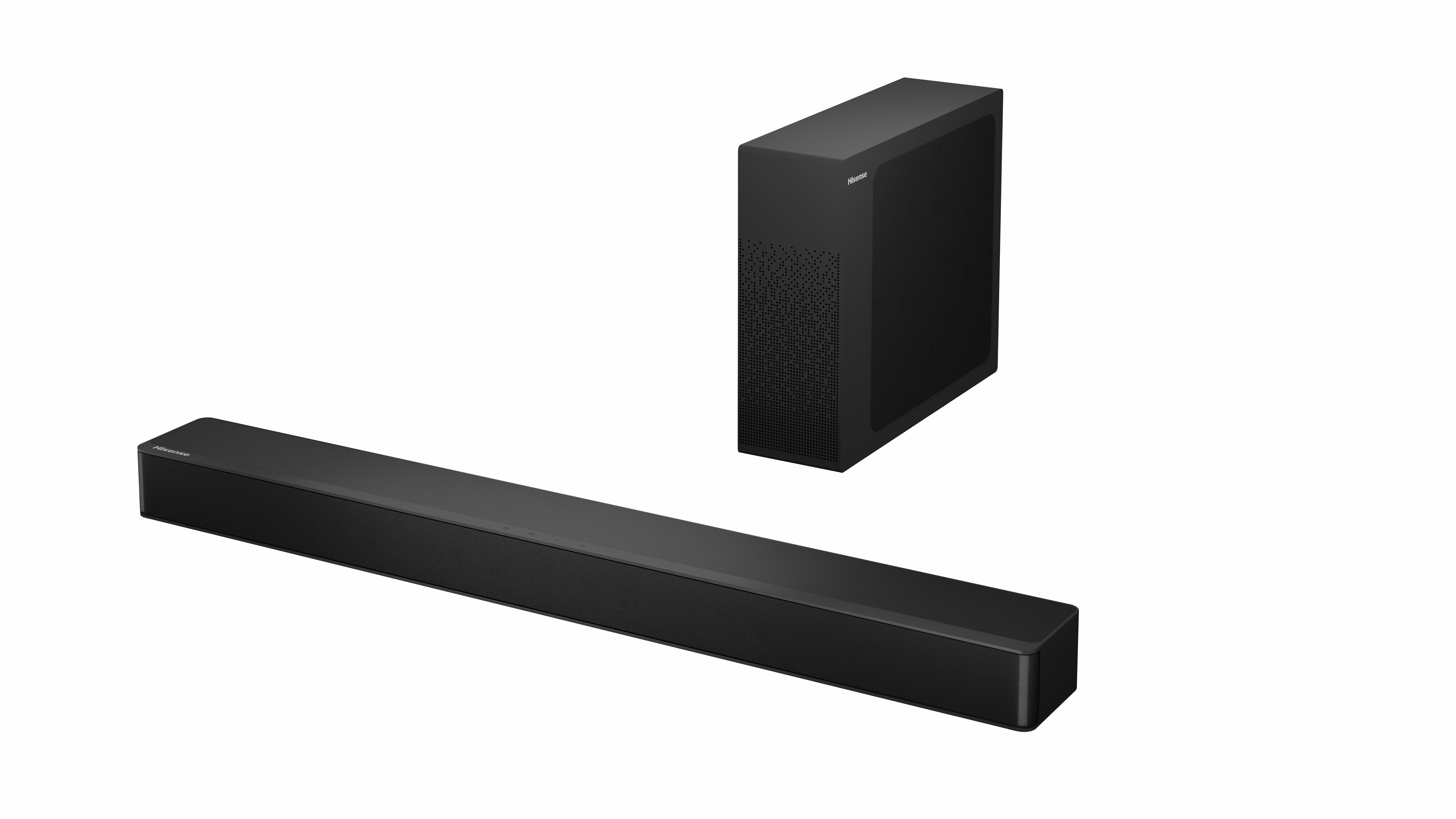 Schwarze Soundbar und Subwoofer auf weißer Oberfläche.