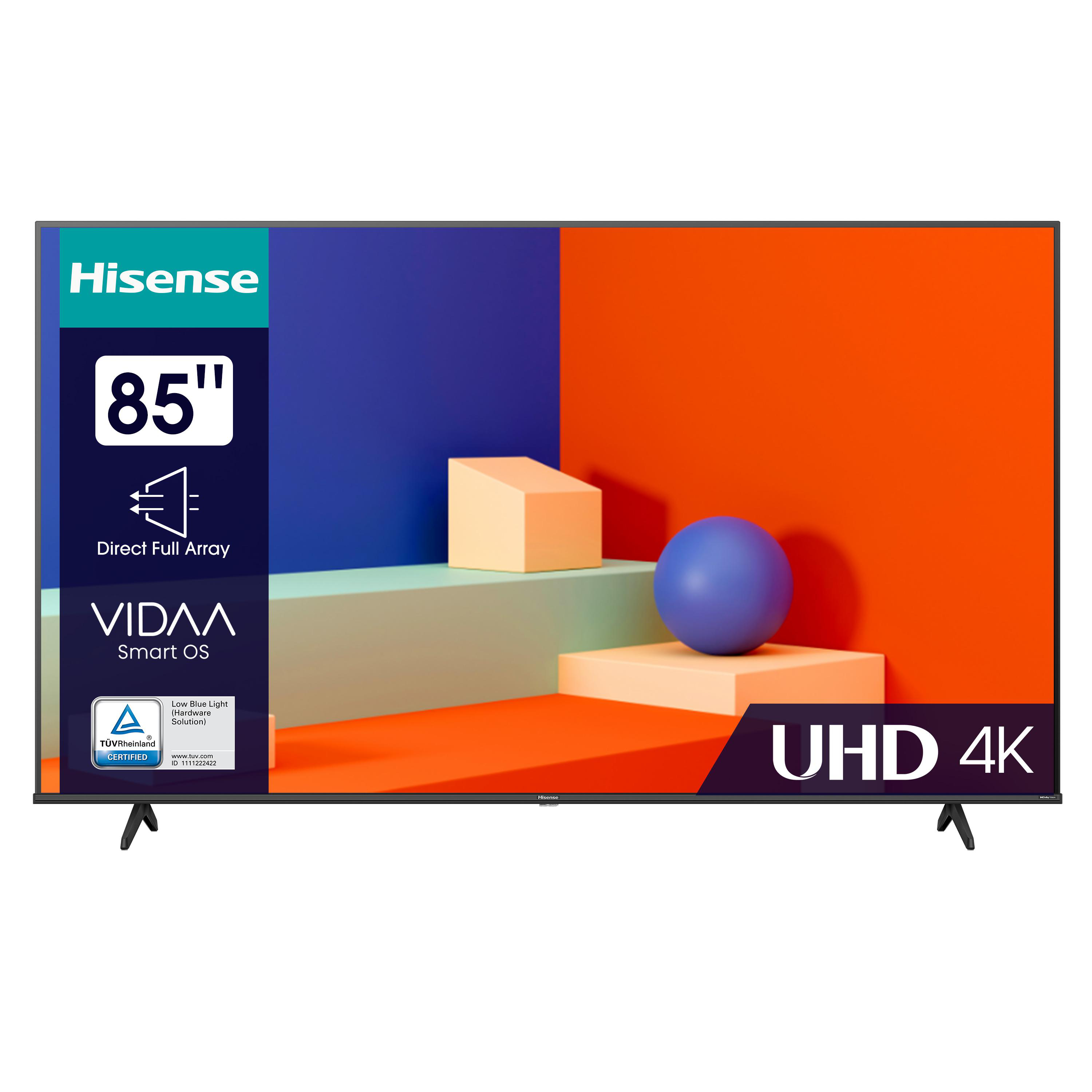 Ein 85-Zoll-Hisense-Fernseher zeigt eine bunte, abstrakte Szene mit verschiedenen Formen.