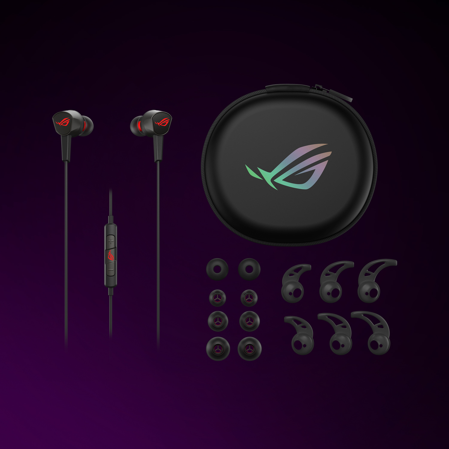 Set di auricolari e custodia. Include più auricolari e un modulo di controllo, il tutto in un ambiente a tema viola.