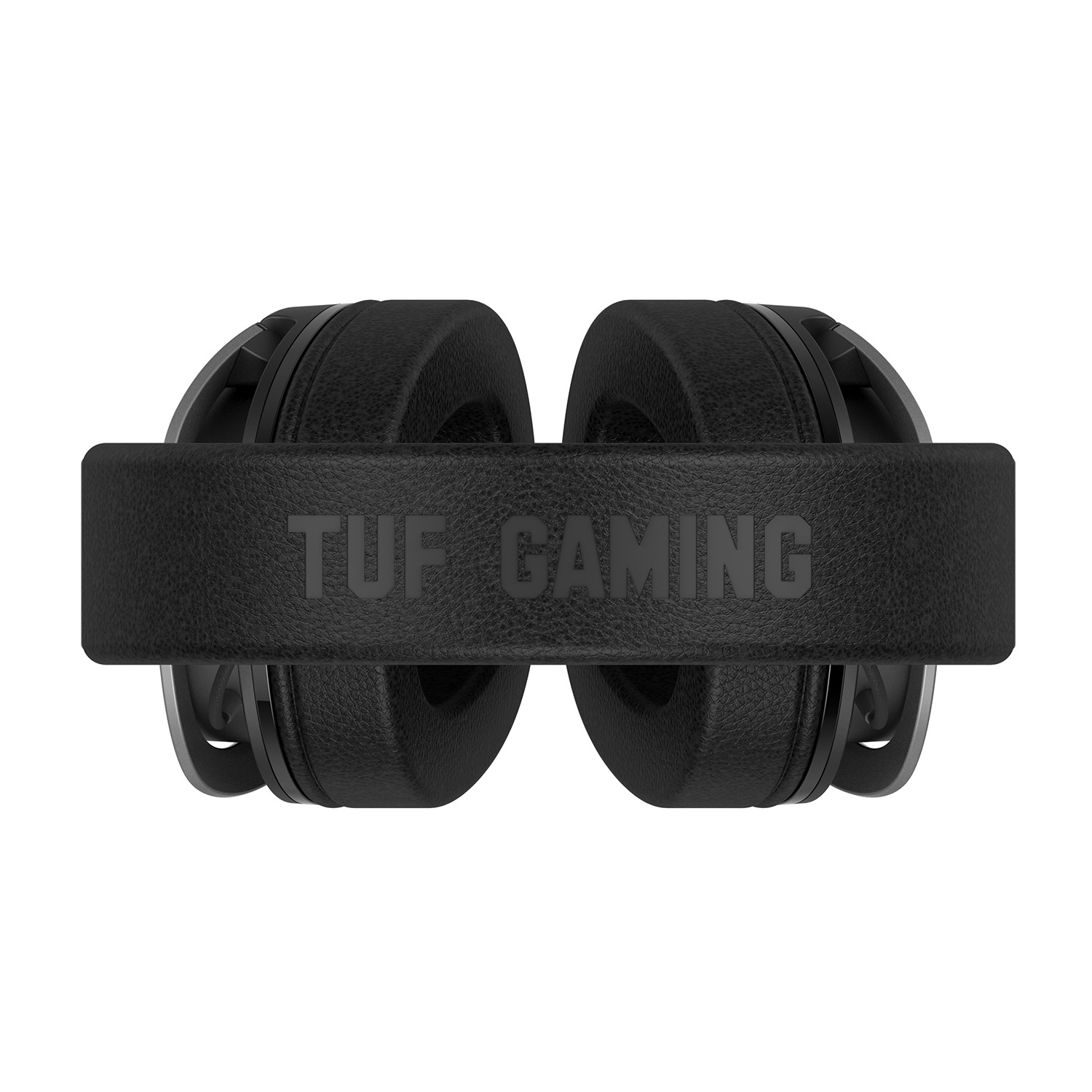 Cuffie da gioco nere. Le cuffie hanno 'TUF GAMING' scritto sulla fascia.