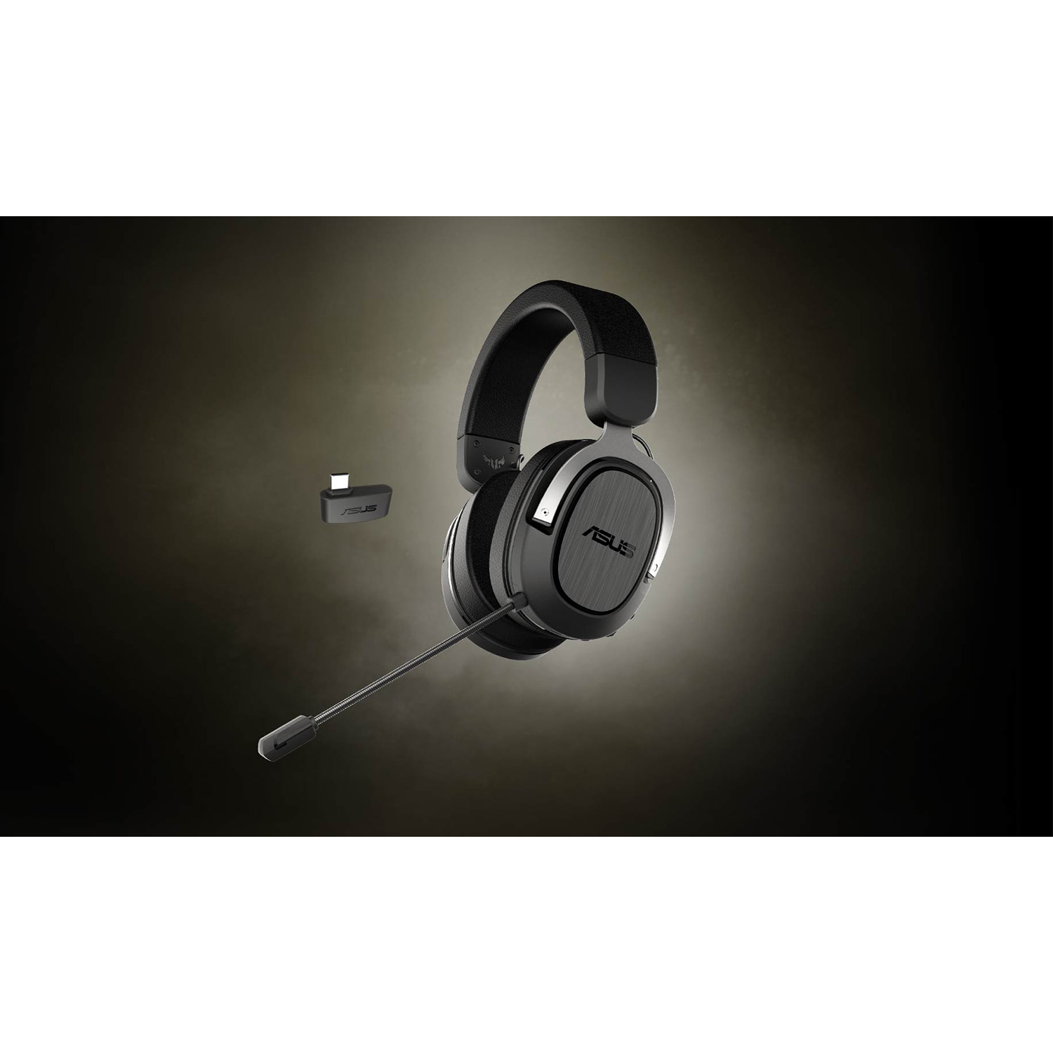 Cuffie nere e argento con microfono e piccolo ricevitore USB.