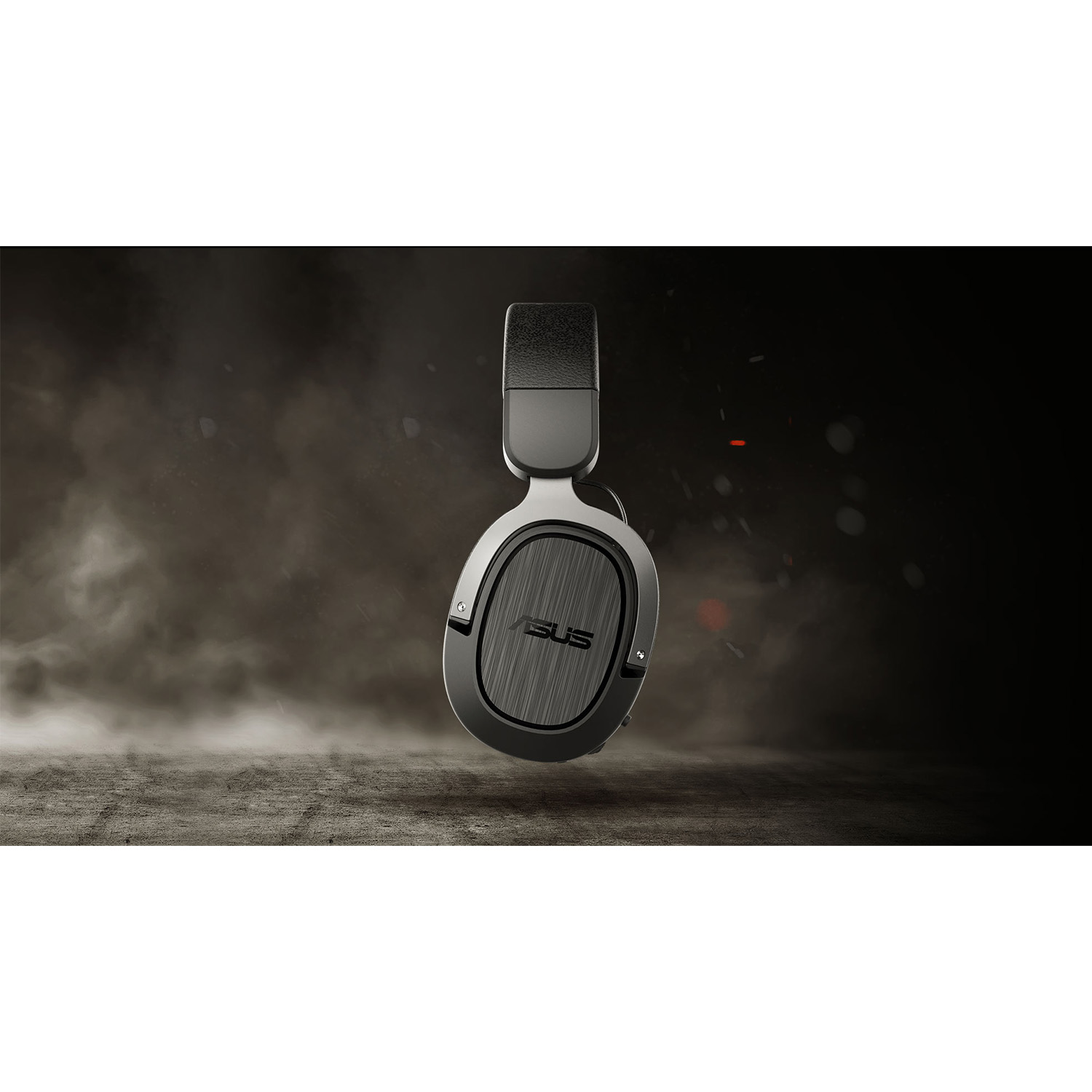 Un paio di cuffie da gioco ASUS su uno sfondo scuro con effetti di fumo.