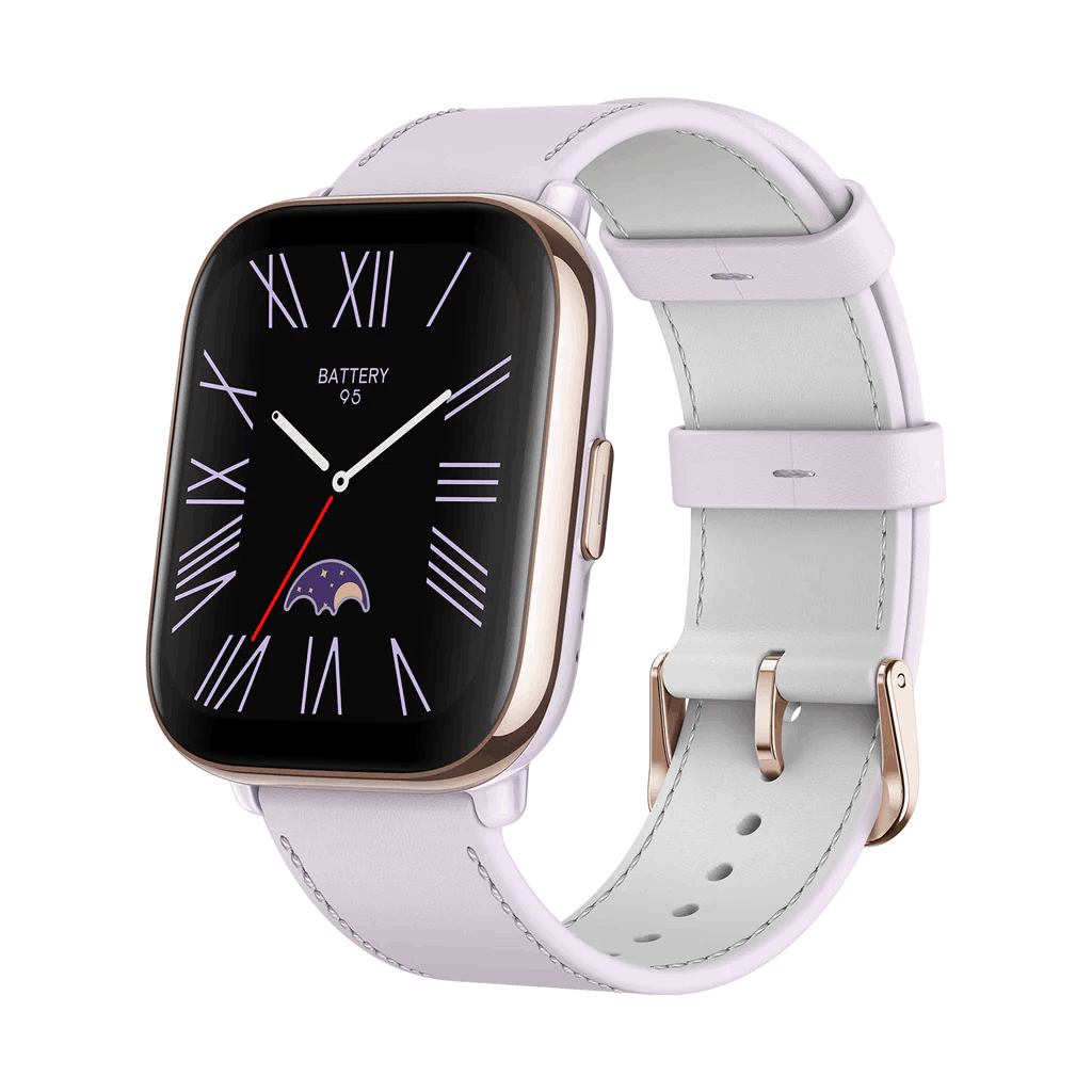 Smartwatch con correa morada claro y esfera negra con números romanos.
