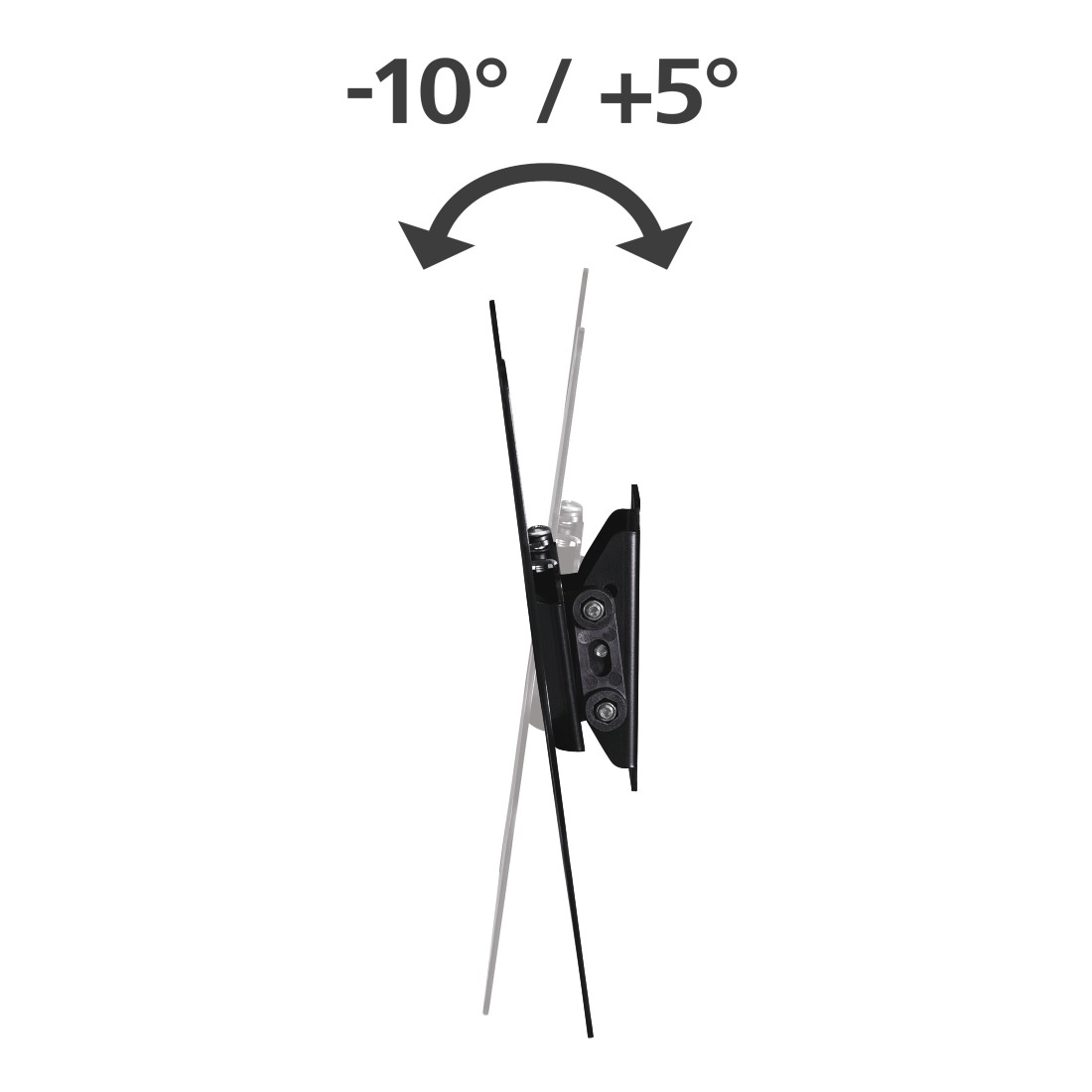 Vista lateral del soporte de TV. Negro con flechas que indican ángulos de inclinación de -10 y +5 grados.