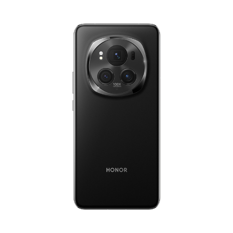 Teléfono HONOR negro, se muestra la parte trasera con módulo de cámara y logo HONOR.