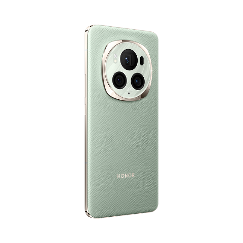Un teléfono verde menta con una protuberancia de cámara circular está en ángulo sobre un fondo negro.