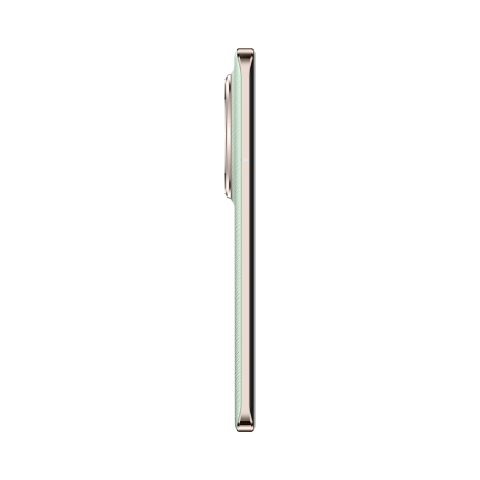 Perfil lateral de un teléfono dorado con acento verde sobre fondo negro.
