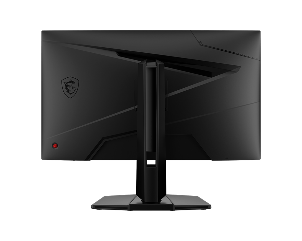 Parte trasera de un monitor gaming negro sobre fondo negro.