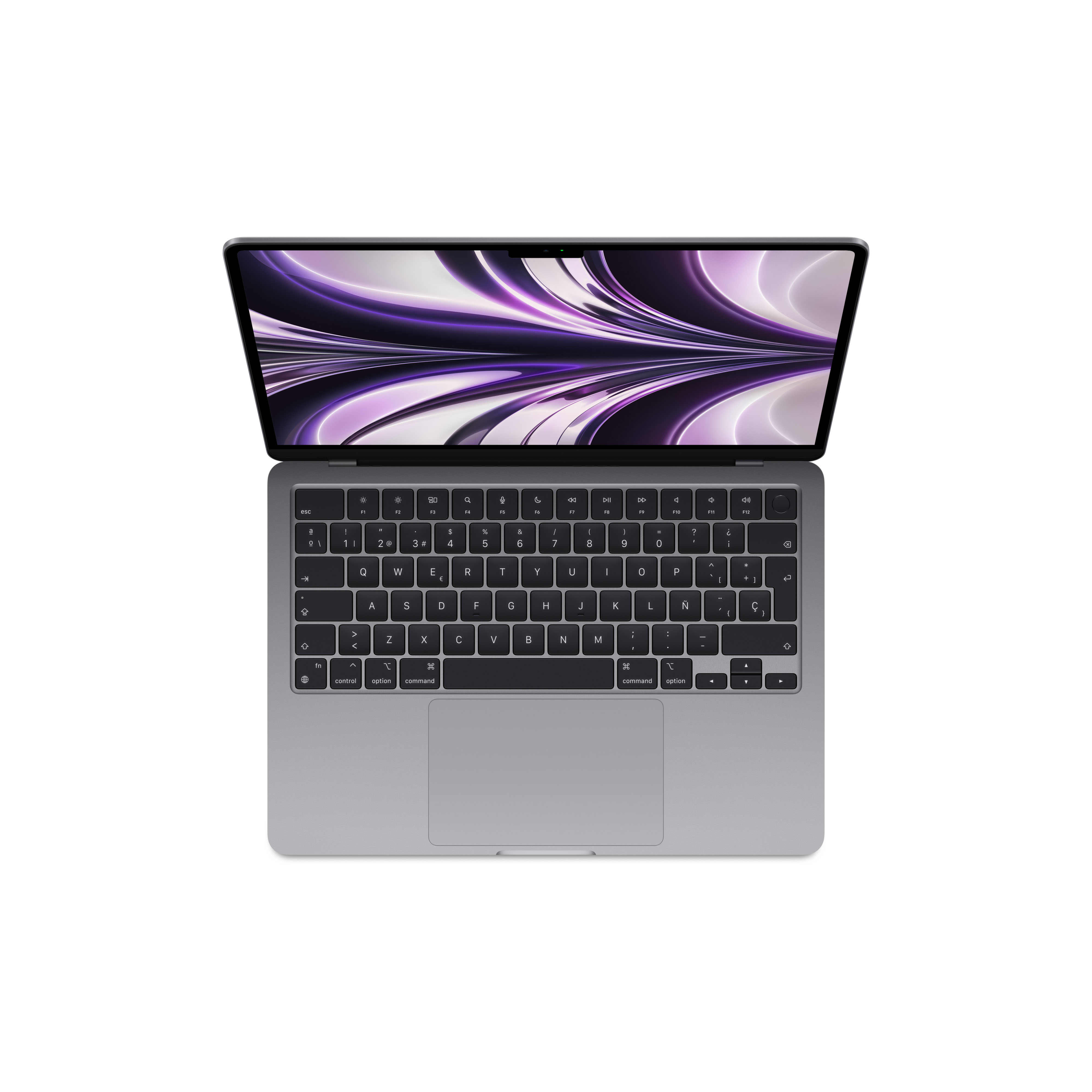 Portátil con pantalla abierta, teclado visible. Pantalla muestra un diseño abstracto púrpura.