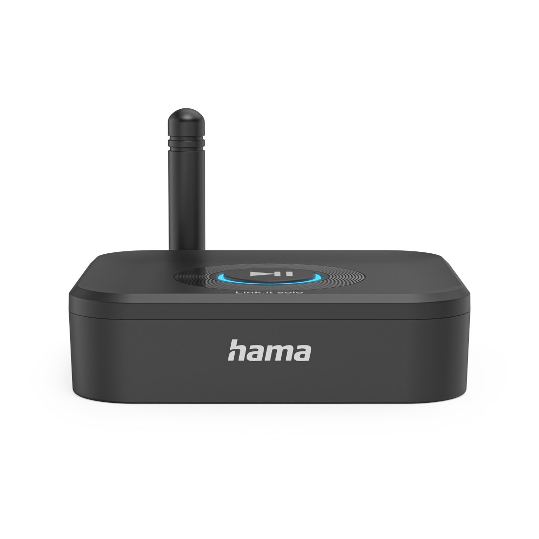 Schwarzer Hama Audio-Empfänger mit Antenne, oben ein Wiedergabeschaltflächen-Symbol und Markenname.