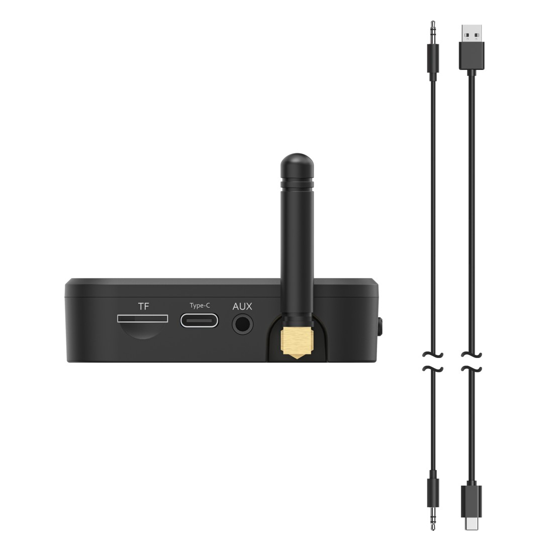 Schwarzes Gerät mit Antenne, Typ-C- und AUX-Anschlüssen, TF-Kartensteckplatz und zwei Kabeln mit USB- und AUX-Anschlüssen.