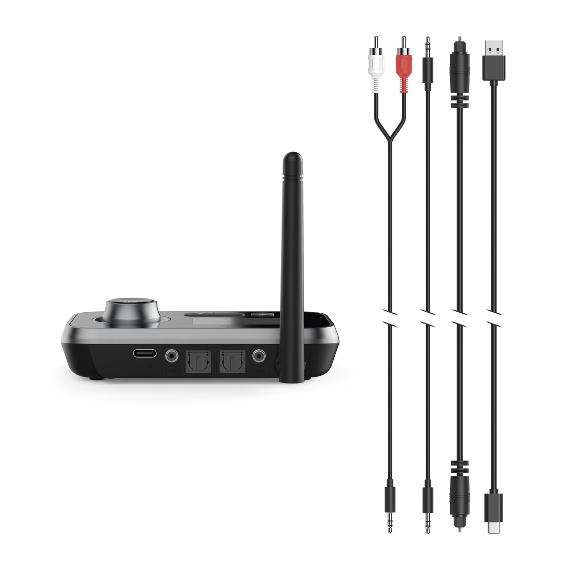 Audio-Empfänger mit Antenne und verschiedenen Kabeln, einschließlich Cinch und USB.