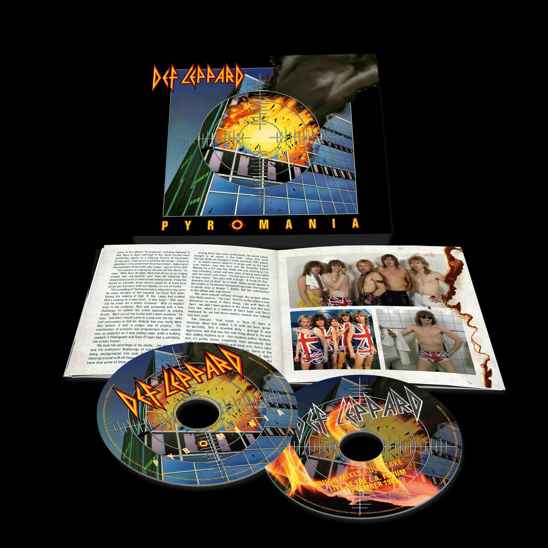Def Leppard album borítója és nyitott füzet fotókkal és CD-kkel. A lemez címe: Pyromania.