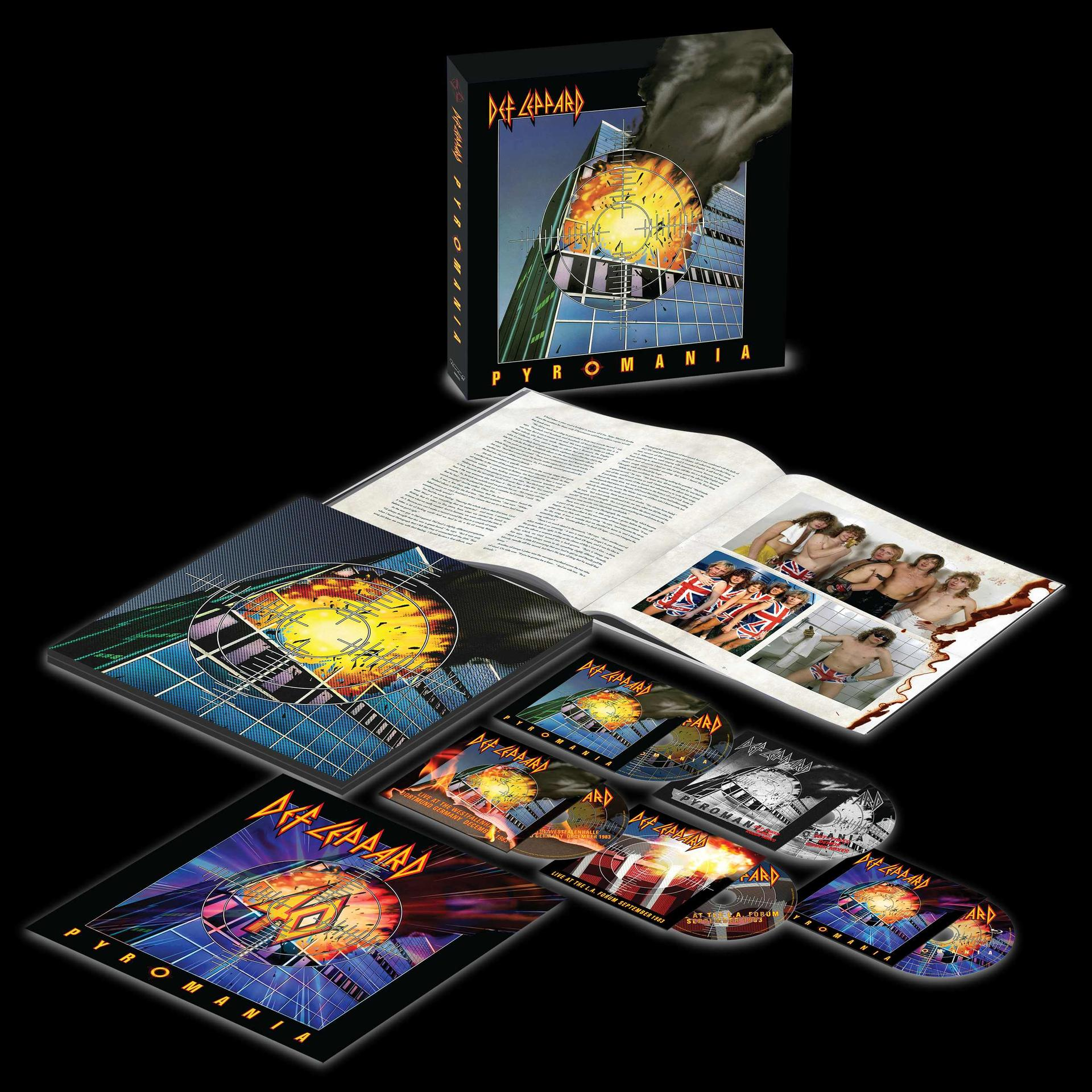 A Def Leppard Pyromania albuma egy box szettben, több CD-vel, egy füzettel és egyéb elemekkel.