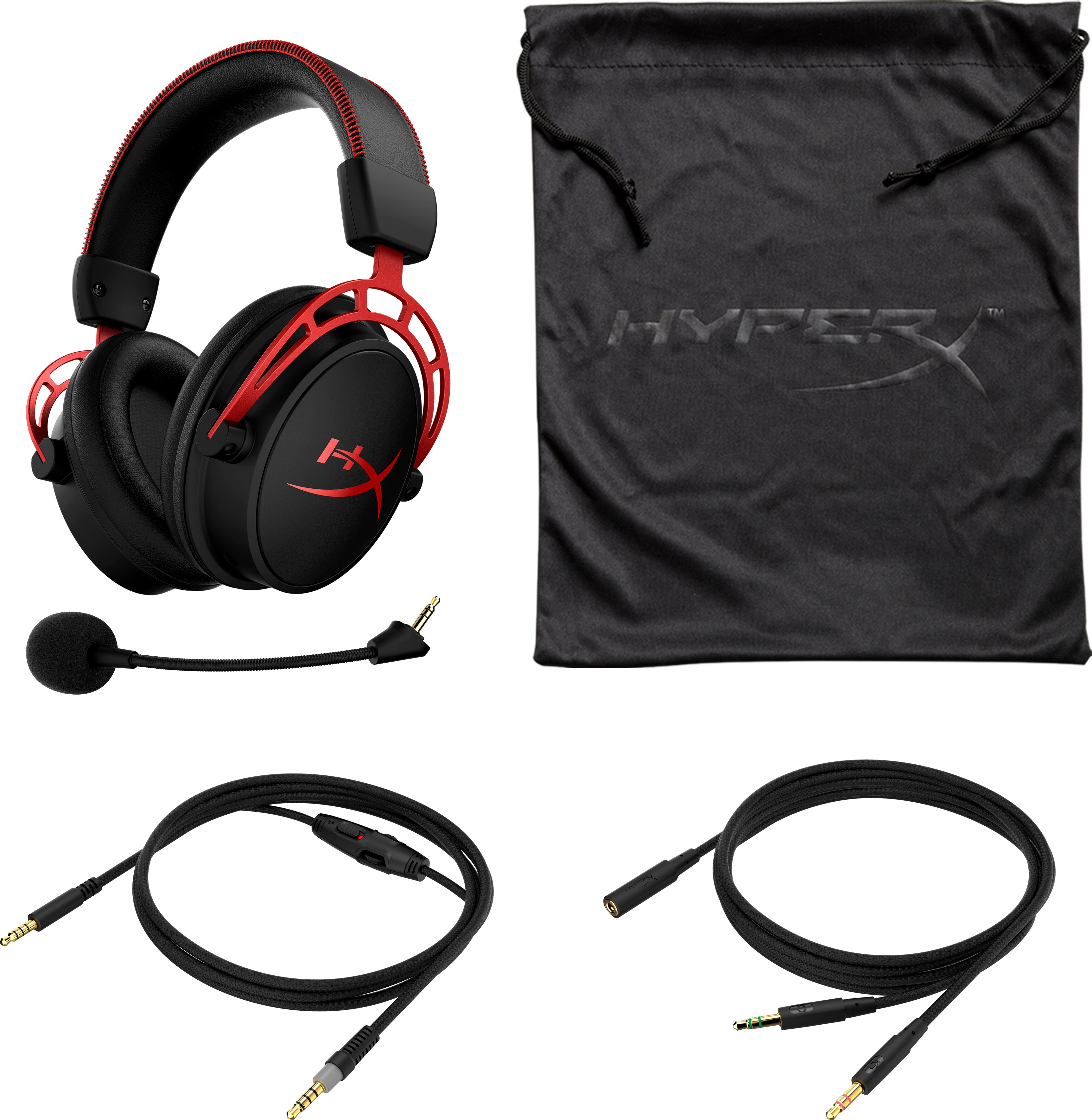 Schwarzes und rotes Gaming-Headset, Mikrofon und Kabel sowie ein schwarzer Kordelzugbeutel.