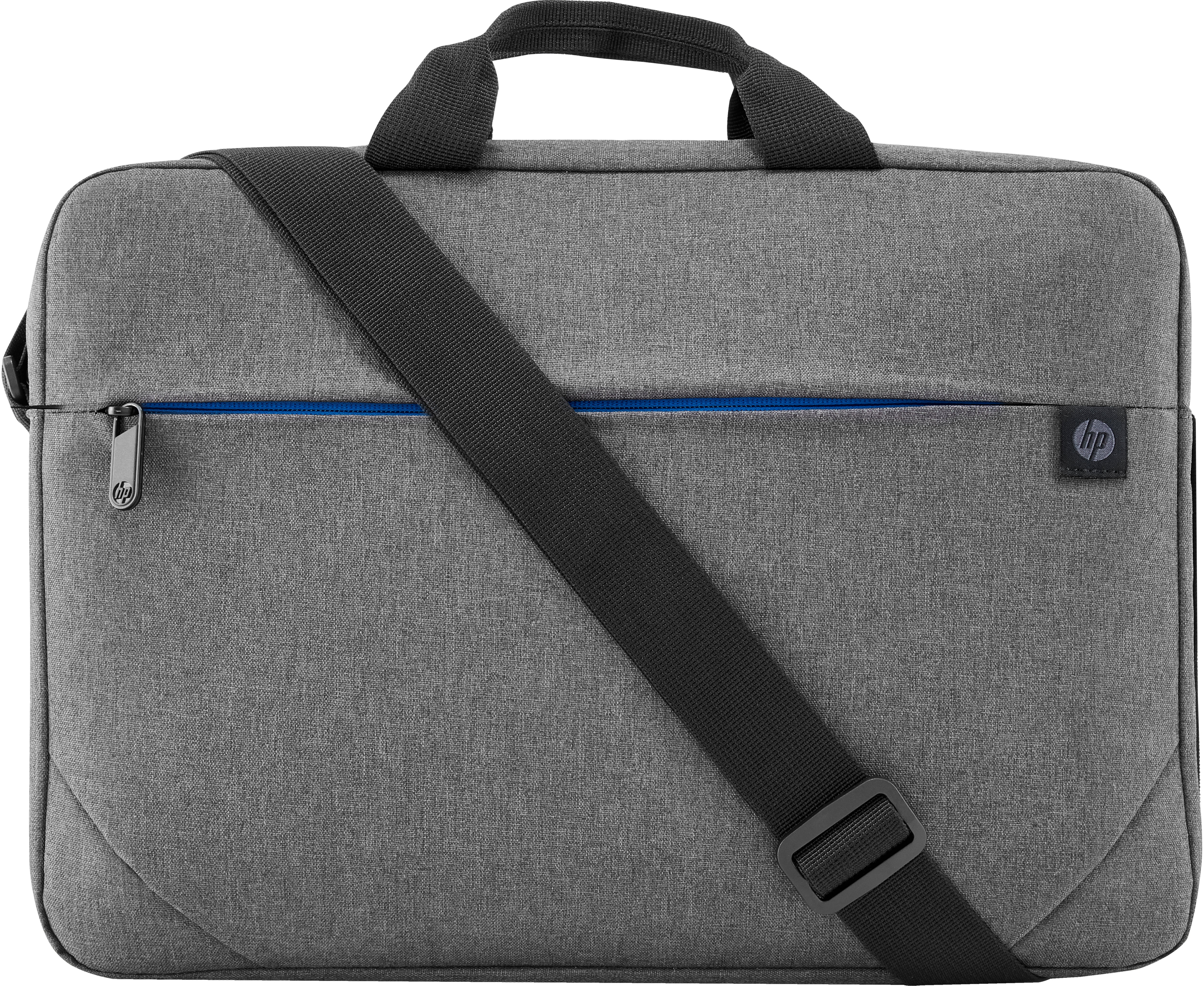 Eine graue HP Laptoptasche mit schwarzem Riemen, blauem Reißverschluss und HP Logo.