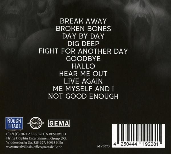 Rückseite der CD-Hülle. Titelliste und Logos auf dunklem Hintergrund.