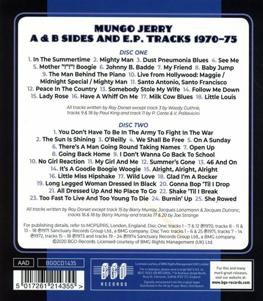 Rückseite eines Albumcovers von Mungo Jerry mit Titellisten für Disc One und Disc Two.
